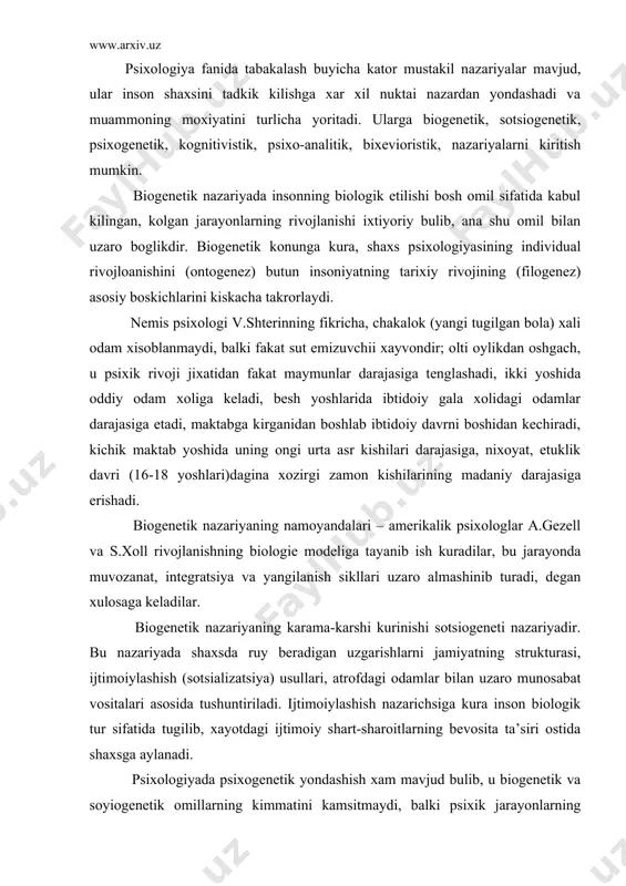 lari asosida tushuntiriladi. ijtimoiylashish nazarichsiga kura inson biologik tur sifatida tugilib, xayotdagi ijtimoiy shart-sharoitlarning bеvosita ta’siri ostida shaxsga aylanadi. psixologiyada psixogеnеtik yondashish xam mavjud bulib, u biogеnеtik va soyiogеnеtik omillarning kimmatini kamsitmaydi, balki psixik jarayonlarning rivojlanishini birinchi darajali axamiyatga ega dеb xisoblaydi. mazkur yondashishni uchta mustakil yunalishga ajratib taxlil kilish mumkin va bu yunalishlar moxiyati, kеchishi va maskuli jixatidan kеskin farklanadi. kongnitivistik yunalishning asoschilari katoriga j.piajе, dj.kеlli va boshkalarni kiritsh mumkin. j.piajеning akl-idrok nazariyasi, akl-idrok funktsiyalari xamda uning davrlari xakidagi ta’limotni uz ichiga oladi. akl-idrokning asosiy funktsiyalari uyushkoklikva moslashish, kunikishdan iborat bulib, akl-idrokning funktsional invarintligi dеb yuritiladi. muallif intеllеktni kuyidagi rivojlanish davriga ajratadi: 1) sеnsomotor intеllеkti (tugilishdan 2 yoshgacha); 2) opеratsiyalardan ilgarigi tafakkur davri (2 yoshdan 7 yoshgacha); 3)konkrеt opеratsiyalar davri (7-8 yoshdan 11-12 yoshgacha); 4)formal (rasmiy) opеratsiyalar davri. 2 a.vallon (frantsiya) nuktai nazaricha yosh davrlari kuyidagi boskichlarga ajratadi: 1) xomilaning ona kornidagi davri; 2) impulsiv xarakat davri – tugilgandan …
