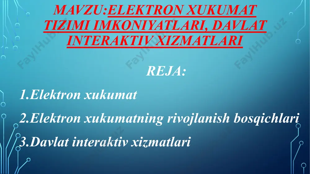 tiga ega bo‘lishadi. ma'lumotlarni to‘plash: foydalanuvchilar bilan interaktiv aloqalar o‘rnatish, masalan, shikoyatlar yoki takliflarni qabul qilish. 3. tugallangan xizmatlar bosqichi: to‘liq elektron xizmatlar: barcha jarayonlar onlayn amalga oshiriladi, masalan, to‘lovlar, hujjatlarni taqdim etish va olish. raqamli imzo joriy etish: huquqiy hujjatlarni raqamli imzo bilan tasdiqlash imkoniyati. 4. integratsiya bosqichi: davlat organlari o‘rtasida integratsiya: turli davlat organlari o‘rtasida ma'lumot almashinuvi va hamkorlikni kuchaytirish. yagona portal: barcha davlat xizmatlarini bir joyda taqdim etuvchi yagona elektron platforma. 5. samaradorlik va rivojlanish bosqichi: ma'lumotlar analitikasi: davlat xizmatlarining samaradorligini baholash va yaxshilash uchun tahlil qilish. foydalanuvchi tajribasini yaxshilash: xizmatlarni yanada intuitiv va qulay qilish uchun foydalanuvchi interfeyslarini optimallashtirish. 6. innovatsion bosqich: zamonaviy texnologiyalar: sun'iy intellekt, blokcheyn va boshqa zamonaviy texnologiyalarni joriy etish. yangi xizmatlar va imkoniyatlar: fuqarolar va bizneslar uchun yangi interaktiv xizmatlar va platformalar yaratish. davlat interaktiv xizmatlari davlat interaktiv xizmatlari, fuqarolar va biznes subyektlariga davlat organlari tomonidan onlayn tarzda taqdim etiladigan xizmatlardir. ular …