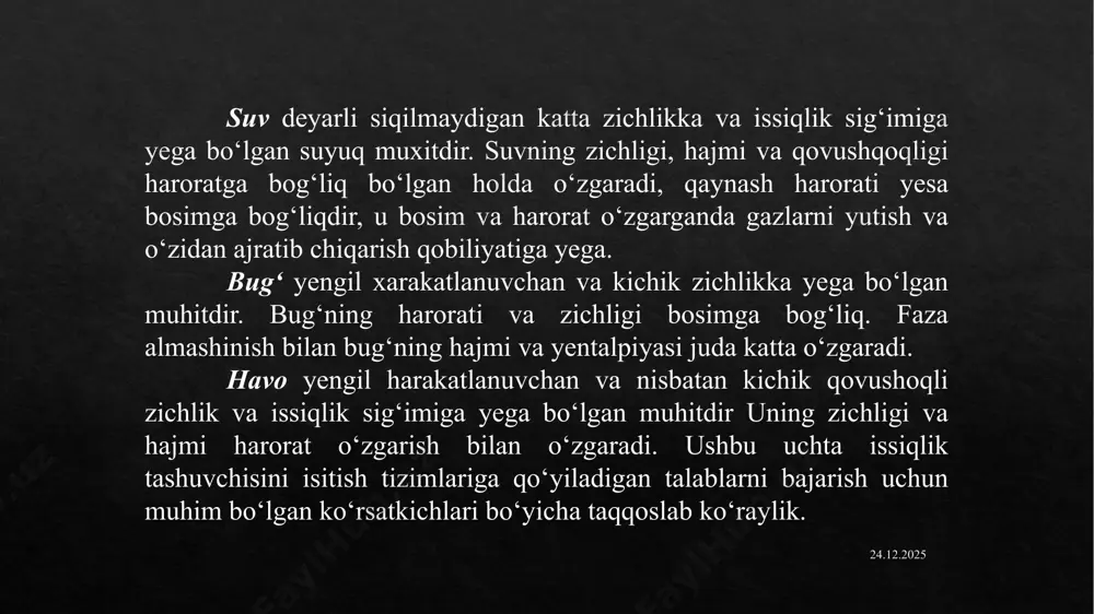 g‘ning harorati katta bo‘lganligi sababli isitish asbobining yuzasi keskin kamayishi, natijasida metall sarfi kamayadi. 4. binoning qavatlari qanchalik baland bo‘lmasin bug‘ bilan isitish tizimlarini qo‘llash mumkin va bug‘ tizimidagi gidrostatik bosim suv quvurlaridagi gidrostatik bosimdan 9-10 marta kichikdir. 5. hosil bo‘lgan kondensatni tizimdan o‘z vaqtida chiqarib turilsa, bug‘ bilan isitish tizimi qish mavsumida muzlamaydi. 03.02.2025 bug‘ yordamida isitish tizimining asosiy kamchiliklariga quyidagilar kiradi: 1. bug‘li isitish tizimlaridagi issiqlik tashuvchining haroratini isitish asboblarida samarali boshqarilishi bir muncha qiyin bo‘lib, bug‘ o‘zgarmas yuqori haroratli bo‘lganligi bo‘lganligi uchun tizimni vaqti-vaqti bilan o‘chirib boshqarishga to‘g‘ri keladi. bu holat xonaning haroratini o‘zgartirishga olib keladi va isitish tizimni ishlatish jarayonini murakkablashtiradi. 2. isitish asboblari yuzasidagi doimiy yuqori harorat (1000 va undan ortiq) xona havosidan cho‘kkan har xil organik changlarni parchalanishiga va ichki havoni o‘ta quritib yuborishiga olib keladi, natijada bu holatlar inson salomatligiga salbiy ta’sir ko‘rsatadi. bug‘li isitish tizimining quvurlaridagi bug‘ bosimiga qarab quyidagicha bo‘ladi: 1. …