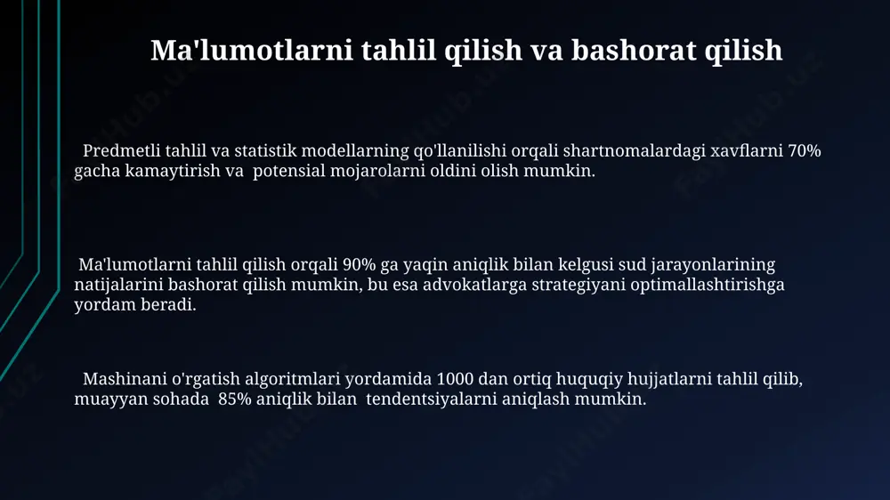 a hujjatlarning yuridik kuchini ta'minlaydi, bu esa o'rtacha 2 kunni tejashga yordam beradi. sud-huquq tizimlarida avtomatlashtirish elektron hujjat aylanishi va sun'iy intellekt yordamida sud qarorlarini tahlil qilish imkoniyati, 2023-yil ma'lumotlariga ko'ra, sud ishlarini ko'rib chiqish muddatini qisqartirishga 10-15% hissa qo'shdi. sud-huquq tizimlarida avtomatlashtirish huquqiy jarayonlarning 30% gacha tezlashishiga va xatoliklar sonini 15% ga kamayishiga olib kelishi mumkin, bu esa sud xodimlarining samaradorligini oshiradi. avtomatlashtirilgan tizimlar yordamida sud majlislarini yozib olish va transkripsiyalash jarayoni 5 barobar tezlashtirilgan, bu esa huquqiy hujjatlarni tayyorlash vaqatini sezilarli darajada qisqartiradi. axloqiy va huquqiy masalalar axloqiy va huquqiy masalalarga oid avtomatlashtirilgan tizimlar shaxsiy ma'lumotlarning 90% dan ortig'ini himoya qilishni ta'minlashi kerak, aks holda 10000 ta jarima to'lash xavfi mavjud. avtomatlashtirilgan huquqiy funksiyalar, masalan, shartnomalarni tahlil qilishda, inson xatosining 5% dan kamroq qismini kamaytirib, samaradorlikni 30% ga oshirishi mumkin. yuristlarning ishtirokisiz avtomatlashtirilgan qarorlar qabul qilish tizimlarining ishlatilishi, 2023-yilgi ma'lumotlarga ko'ra, 15% gacha huquqiy nizolarga olib kelishi mumkin. …