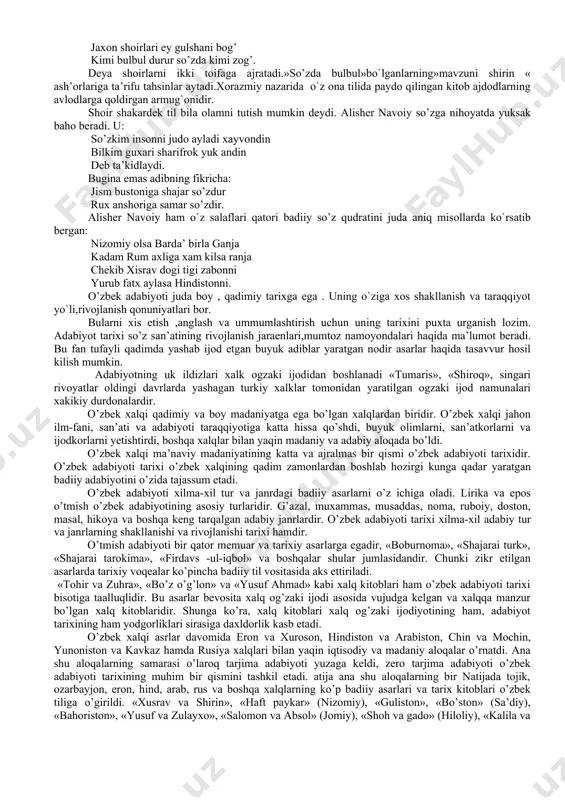 ri xos xojiblikni berdi. yana bir misol alisher navoiy «xamsa» dostonini tugatgach, uni xusayn boykaroga sovga sifatida topshiradi.xusayn boykaro butun aenlari oldida navoiyni o`z piri deb e’lon qiladi.navoiyni otga mindirib, o`zi xalk oldida jilovdorlik kiladi.bu mamlakat podshosining buyuk iste’dod egasiga nisbatan xurmat va e’tibori ramzi edi. o’zbek xalkining ijodkorlarga nisbatan aloxida xurmat va extiromi ma’lum. 2. o'zbek mutafakkirlari so’z qudrati haqida. maxmud koshgariy «devonu lug`otit -turk » asarida» ardam boshi til» ya’ni barcha fazilatlarning boshi til saqlashdir, degan maqol uchraydi. demak, til va badiy so’zning qudratiga qadim zamonlardayoq, alohida e’tibor berilgan 11 –asr sharoitida yusuf xos xojib shoirlarni «so’z teruvchilar» deb ta’riflaydi . 14asrda esa sayfi saroyi shoirlarni «so’z bulbuli» deydi. zero,so’z adiblarning o`z nazarlarida ham mo’tabar mavqega ega.alisher navoiy shoirlarni ruh chamanining xushxon bulbullari deydi. yusuf xos xojib so’z va tilga katta baxo beradi.u tilni bilim va akl-idrok tarjimoni deb ataydi. mana adib fikrlarining ayrimlari: kishi so’z bila kupti, …