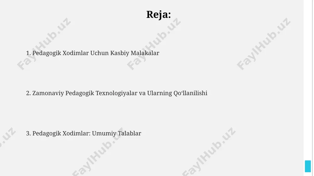 aka oshirish imkoniyatiga ega. o‘qituvchilarning huquqiy himoyasi, o‘zbekiston respublikasining mehnat kodeksining 225-moddasiga muvofiq, ularning pedagogik faoliyat bilan bog‘liq huquqbuzarliklardan himoya qilinishini, jumladan, samarqand viloyatidagi maktablarda ham bu huquqlarning to‘liq ta’minlanishini nazarda tutadi. pedagogik ma’lumot va malaka pedagogik ma’lumotlar, masalan, toshkent shahridagi 5 yillik pedagogika oliygohlarini bitiruvchilarining 80% dan ortigʻi maktablarda 3 yildan ortiq tajribaga ega. oʻzbekiston respublikasining 2021-yilgi ta’lim sohasidagi yangi qonunchiligiga koʻra, kamida 5 yillik tajribaga ega boʻlgan 1000 nafar pedagogga qoʻshimcha malaka berish rejalashtirilgan. pedagogik malaka oshirish kurslari, shu jumladan, samarqanddagi 2023-yilgi 15 ta ilgʻor treninglar, oʻqituvchilarning oʻquv faoliyatini 20% ga yaxshilashga yordam berdi. axloqiy sifatlar va shaxsiy xususiyatlar toshkent shahridagi oliy o‘quv yurtlarida o‘tkazilgan tadqiqotlar shuni ko‘rsatdiki, muvaffaqiyatli pedagogik faoliyat uchun kamida 3 yillik tajriba va yuksak mas’uliyatlilik hissi talab etiladi. o‘qituvchilarning 70% dan ortig‘i, andijon viloyati tajribasiga asoslanib, o‘quvchilar bilan samarali muloqot qilish uchun empatiya va sabr-toqat kabi shaxsiy fazilatlarga ega bo‘lishlari zarurligini ta’kidlaydilar. pedagogik xodimlar …