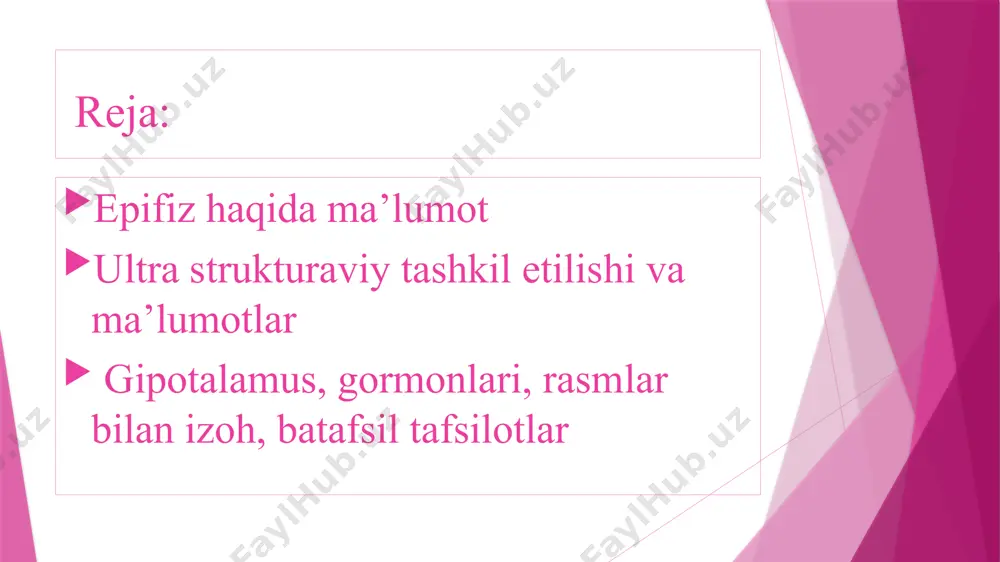 an taʼminlangan. gipotalamus moddalar almashinuvini, yurak-tomir, ovqat hazm qilish, ajratish sistemalari va ichki sekresiya bezlari faoliyatini, uyqu, sergaklik, hayajonlanish mexanizmlarini boshqaradi. nerv va endokrin sistemalar oʻrtasida aloqa bogʻlaydi. gipotalamus tanamizdagi muhim "nazorat markazi" bo'lib, miyaning diensefalondagi sohasi bo'lib, talamus ostida (=hipo) joylashgan. yuqori markaz sifatida gipotalamus suv va tuz muvozanatini va qonni muvofiqlashtiradi. bu tana haroratining doimiy bo'lishini ta'minlaydi va oziq-ovqat iste'molini tartibga soladi.gipotalamus bizning hissiy va jinsiy xulq-atvorimizga ta'sir qiladi va qachon uxlash va qachon uyg'onishimizni belgilaydi.shuningdek, u endokrin tizimda muhim nazorat organi hisoblanadi, chunki u qachon va qachon bo'lishini tartibga soladi. qancha gormon ishlab chiqariladi. gipotalamus vegetativ nerv tizimining po'stloq ostidagi oliy markazidir.organizmning ichki muhitini doimiyligini ta'minlovchi vegetativ faoliyatlarini idora etib boradi,shuningdek oqsillar yog'lar uglevodlar va tuz almashinuvini idora etadigan markazlar ham gipotalamusda joylashgan.gipotalamus oz miqdorda yemirilsa,hayvon tana haroratini doimiy bir xil saqlab tura olmaydi. ko'p yillar davomida odamlar va boshqa sutemizuvchilarning "uchinchi ko'z" epifizi funktsional jihatdan foydasiz …