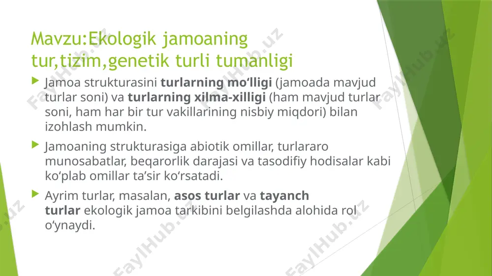a, ikkinchi jamoada esa 300300300 ta tur boʻlsa, ikkinchi jamoaning turlar moʻlligi birinchi jamoaga nisbatan yuqoriroq boʻladi. turga eng boy jamoalar odatda ekvator yaqinida uchraydi. u yerdagi katta miqdordagi quyosh energiyasi (yuqori birlamchi mahsuldorlikni taʼminlaydi), iliq harorat, koʻp miqdordagi yogʻingarchilik, mavsumlar orasida oʻzgarishning kamligi bunga sabab boʻladi. turlar soni eng kam jamoalar quyosh energiyasi kam tushadigan, sovuq, quruq va hayot uchun noqulay boʻlgan qutblarga yaqin hududlarda uchraydi. quyidagi xaritada sutemizuvchilarning hududlar boʻylab tarqalishi koʻrsatilgan. (tur moʻlligi faqat sutemizuvchilar uchun hisoblangan, hamma turlar uchun emas.) geografik kenglikdan tashqari boshqa omillar ham jamoaning tur moʻlligiga taʼsir qiladi. turlar xilmaxilligi turlar xilmaxilligi jamoa murakkabligining oʻlchamidir. u ham mavjud turlar soni (turlar moʻlligi), ham har bir tur vakillarining nisbiy miqdorini (turlar qanday tarqalganligini) ifodalaydi. turlar moʻlligi yuqori boʻlsa va tur vakillarining mutanosib ravishda tarqalishi turlar xilmaxilligining ortishiga olib keladi. misol uchun: agar daraxt turi son jihatdan mutanosib teng tarqalgan deb olsak, 202020 xil daraxt …