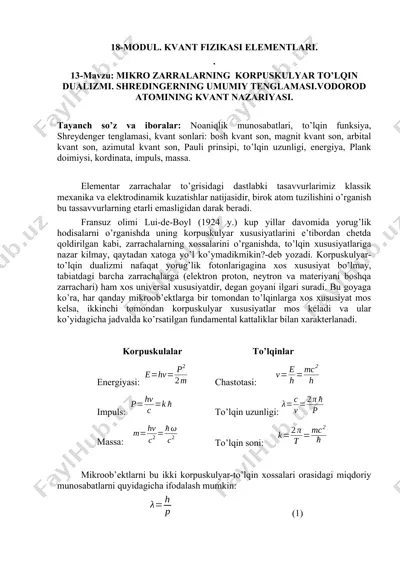 kvant fizikasi elementlari — DOCX