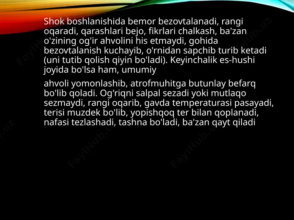 narkotik dori-darmonlar nafas olishga salbiy ta’sir ko‘rsatsa, morfinga qarshi nalorfan ishlatiladi. nalorfanning 0,5 % li eritmasi 2 ml dozada vena tomiriga yuboriladi. geparin bilan davolash. 1 - kun geparin vena tomiriga tomchi holida 1000—5000 tb yuboriladi, keyin qorinning pastki qis-miga, teri ostiga 10000 tb dan 1 kunda 2 marta yuboriladi yoki 5000 tb geparin har kuni 4 mahal teri ostiga 7 kun davomida yuboriladi. bunda qonning ivish vaqtini, qondagi eritrotsitlarni, gemoglobinni, siydikda gemoturiyani aniqlash kerak. bilvosita ta’sir qiladigan antikoagulantlardan neodikumarin, sinkumar yoki fenilin qo‘llaniladi. e’tiboringiz uchun rahmat image2.png image3.jpg image4.jpg image5.jpg image6.jpg image1.png /docprops/thumbnail.jpeg