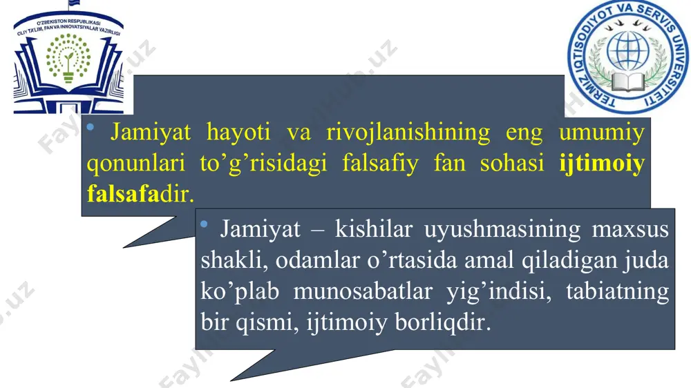 tabiiy ehtiyoji bilan bog‘laganlar. ibn sino jamiyatdagi ijtimoiy tengsizlikni normal-tabiiy holat ekanligini ta’kidlagan. mehnatning ijtimoiy taqsimlanishi jamiyat taraqqiyotida muhim ahamiyatga ega ekanligini asoslashga harakat qilgan. ibn sino «ishorat va tanbihot» asarida inson o‘z shaxsiy talablari jihatidan boshqalardan ajralgan holda yashay olmaydi, chunki u insoniyatning boshqa vakillari bilan munosabatda bo‘libgina, o‘z ehtiyojlarini qondirishi mumkin» deb hisoblaydi. u insonlarning jamiyatdagi o‘rniga ko‘ra 3 guruhga bo‘ladi: a) davlat idoralarida xizmat qiluvchi va jamiyatni boshqarish ishi bilan shug‘ullanuvchilar; b) xom-ashyo va zaruriy mahsulotlarni ishlab chiqaruvchilar; v) davlatni qo‘riqlash, uni turli tashqi xujumlardan saqlashni ta’minlaydigan xarbiylar. abu rayhon beruniy birinchilardan bo‘lib sivilizatsiyalarning paydo bo‘lishida tabiiy-geografiy muhitning tutgan o‘rnini asoslashga uringan. u jamiyatni idora qilish va boshqarishning mohiyati aziyat chekkanlarning huquqlarini himoya qilish, birovlarning tinchligi yo‘lida o‘z tinchligini yo‘qotishidan iborat, deb bilgan. o‘rta asrlarda yevropa ijtimoiy-falsafiy tafakkurida diniy qarashlar yetakchi mavqeni egalladi. bu davr mutafakkirlari (nominalistlar va realistlar) inson va jamiyatning qay biri oldin vujudga kelgan, …