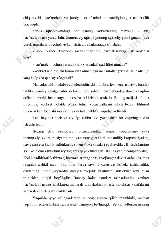 nes) korxonalarining soni, rivojlangan davlatlarda juda katta raqamni tashkil etadi. shu bilan birga tavsifli xususiyat ko’zda tashlanadiki, davlatning ijtimoiy-iqtisodiy darajasi xo’jalik yurituvchi sub’ektlar soni bilan to’g’ridan to’g’ri bog’liqdir. bunday holat standart mahsulotning konkret iste’molchilarning talablariga samarali «moslashishi», iste’molchilar vazifalarini samarali echish bilan izohlanadi. yuqorida qayd qilinganlardan shunday xulosa qilish mumkinki, mehnat taqsimoti ixtisoslashish samarasida namoyon bo’lmoqda. servis tadbirkorlarining firmali stili ham muhim ahamitga ega. firmali stil tadbirkor (tadbirkorlik firmasi) jozibador imidjini (obrazini) yaratishning muhim omili bo’lib hisoblanadi. 2. real sektorda tadbirkorlik va kichik biznesni rivojlantirishning ustuvor yo’nalishlari mamlakatimizda kichik biznes va xususiy tadbirkorlik manfaatlarini ishonchli himoya qilish, ularning kelgusi rivojini munosib ta’minlash maqsadida o’zbekiston respublikasi prezidentining 2017 yil 7 fevraldagi “o’zbekiston respublikasini yanada rivojlantirish bo’yicha harakatlar strategiyasi to’g’risida”gi farmoni butun mamlakat ijtimoiy-iqtisodiy hayotini qamrab olganligi bilan bir qatorda birgina kichik biznes va xususiy tadbirkorlikni rivojlantirishda tizimli, tanqidiy va kompleks yondashuv zarur ekanligini ko’rsatib berdi. harakatlar strategiyasining beshta ustuvor yo’nalishida keltirilgan …