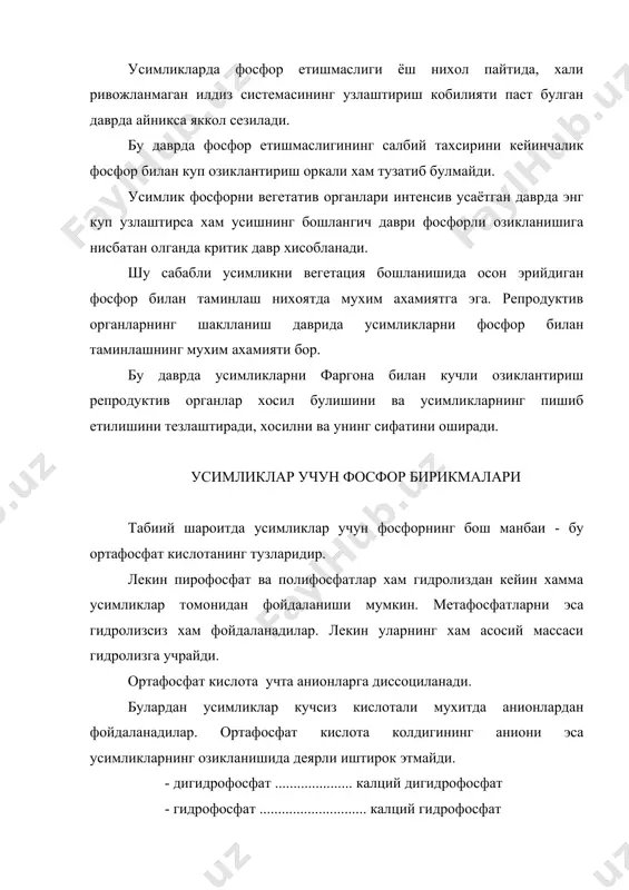 ликлар илдизидан тупрокка ажралиб чикадиган органик кислоталарда хам эрийди. шунинг учун бу тузлар усимликларнинг фосфор билан озикланишида мухим манба хисобланади. лекин усимликларнинг шундай гурухи мавжудки, улар худи шу жуда кийин эрийдиган ва кийин узлаштирадиган калций фосфат билан озикланади. бундай усимликларга люпин, грециха, горчица, сал кам узлаштирадиганларга нухат, экспарцит, кана кунжут, донник киради. бу усимликларни кийин эрийдиган фосфоритлар билан озикланиши шу билан изохланадики, уларнинг илдизларидан ажраладиган суюкликнинг кислотали мухитга эга эканлигидир. масалан, люпиннинг илдизидан чикадиан суюкликнинг рн=4-5 га тенгдир. шунинг учун бу суюкликлар фосфиларни эритиш хусусиятига эгадир. фосфат кислотанинг 3 валентли катионларининг тузларини усимликлар узлаштира олмайдилар. бундй тузларга алюминий фосфат, алюминий гидрофосфат, темир фосфат, темир гидрофосфат ва бошкалар киради. юкори усимликлар органик фосфатларни хам узлаштира оладими? деган савол тугилади. бу саволга жавоб бериш учун стерилланган шароитда олиб борилган тажрибалар жавоб беради. шундай тажрибани 1913 йилда и.с.шулов олиб борди. бу тажрибада нухат ва маккажухоридан фойдаланилди. органик фосфатлардан фитин ва лецитиндан фойдаланди. фитин …