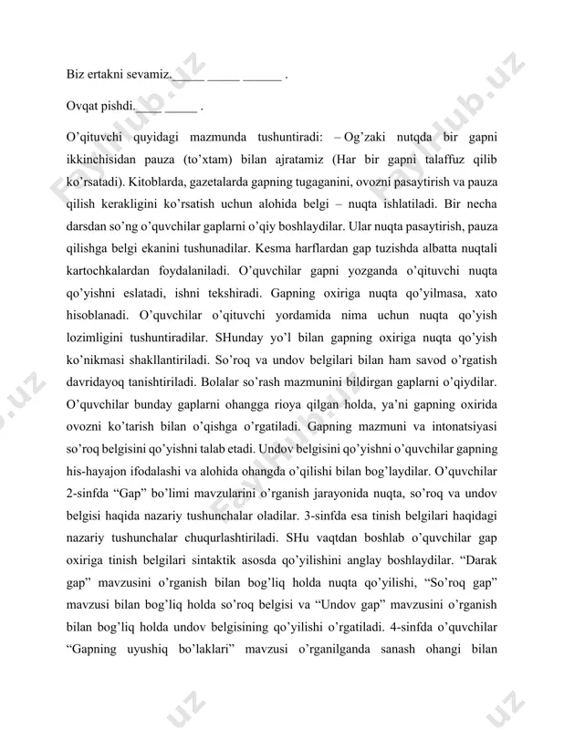 a tinish belgilari haqidagi nazariy tushunchalar chuqurlashtiriladi. shu vaqtdan boshlab o’quvchilar gap oxiriga tinish belgilari sintaktik asosda qo’yilishini anglay boshlaydilar. “darak gap” mavzusini o’rganish bilan bog’liq holda nuqta qo’yilishi, “so’roq gap” mavzusi bilan bog’liq holda so’roq belgisi va “undov gap” mavzusini o’rganish bilan bog’liq holda undov belgisining qo’yilishi o’rgatiladi. 4-sinfda o’quvchilar “gapning uyushiq bo’laklari” mavzusi o’rganilganda sanash ohangi bilan bog’langan bo’laklarda vergulning vazifasi bilan tanishadilar.o’qituvchi ikki gapni o’qib taqqoslash bilan nuqta va vergulda ohangning qanday berilishini ko’rsatadi. masalan, biz ona tilimizni sevib o’rganamiz (gap oxirida ovoz pasayadi, pauza qilinadi). men, ra’no, alisher boshqa tillarni ham sevib o’rganyapmiz (men, ra’no, alisher so’zlaridan so’ng ovoz bir oz pasayadi, xabarning davom etishi seziladi). o’quvchilar uyushiq bo’lakli gap tarkibidagi uyushiq bo’laklarning ammo, lekin, biroq so’zlari bilan bog’langanda vergulning ishlatilishini ham amaliy o’rganadilar. boshlang’ich sinflarda o’quvchilar har xil mashqlarni ishlash orqali tire va ikki nuqtaning ishlatilishi bilan amaliy tanishadilar. savod o’rgatish davridayoq o’qituvchi o’quvchilar e’tiborini …