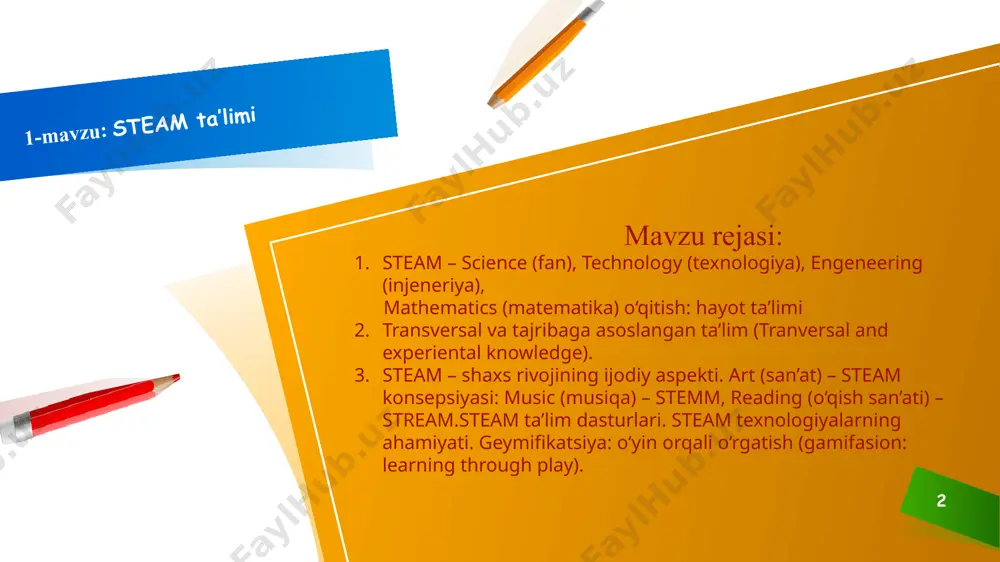 egallashga zamin yaratilishini namoyon etish va kreativlik mohiyatini anglatish davlatning rivojlanishi ta`limga bog`liq 5 s t e a m 5 6 steam dasturlari 3-14 yoshdagi o‘quvchilarning muttasil ravishda o‘tkaziladigan mashg‘ulotlarga qiziqishlarini orttiradi. masalan, fizika darslarida yerning tortish kuchi o‘rganilganda , doskada formulalarni yozib tushuntirilsa, steam to‘garaklarida raketalar, samolyotlar, parashyutlar qurib, ishga tushirib o‘z bilimlarini mustahkamlaydilar. o‘quvchilar o‘zlari ko‘rmagan yoki eshitmagan atamalarni har doim ham tez anglab etmaydilar. masalan, temperatura ortishi bilan bosimning yoki hajmning ortishi. steam dasturi 2-reja:steam – science (fan), technology (texnologiya), engeneering (injeneriya), mathematics (matematika) o‘qitish: hayot ta’limi intilganga to`le yor robotexnika jadallashib rivojlanmoqda 7 steam mashg‘ulotlarida ular qiziqarli eksperimentlar o‘tkazganlarida bu atamalarni osongina tushunib olishlari mumkin steam 9 3-reja: steam – shaxs rivojining ijodiy aspekti. 9 ta’limda steam yondashuv umumta’lim maktablarida sinf-dars tizimidan loyihaviy faoliyatga tomon o‘tish, fundamental bilimlarni funksional bilimlarga ko‘chirish, ularni amaliyotda faol qo‘llash jarayoni orqali fanlar integratsiyasi, kesishmasida muammolar yechimining yangicha yo‘llarini izlash, lozim …