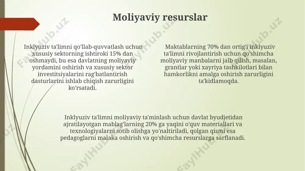 inar va 2 ta trening orqali o'qituvchilarning bilim va ko'nikmalarini yangilab turish samaradorligini 15% ga oshirish mumkin. inklyuziv ta'limning ijtimoiy strategiyasi inklyuziv ta'limning muvaffaqiyati 30% o'qituvchilarning malakasi, 40% qo'llab-quvvatlovchi resurslarning mavjudligi va 30% ota-onalar hamkorligiga bog'liq. bu ijtimoiy strategiyada uchta muhim omilni aks ettiradi. inklyuziv ta'lim ijtimoiy integratsiyani ta'minlash uchun kamida 5 ta ijtimoiy dastur va 2 ta milliy miqyosdagi loyihani amalga oshirishni nazarda tutadi. ushbu dasturlar inklyuziyani qo'llab-quvvatlaydi. ijtimoiy strategiya doirasida maktablarning 70% dan ortig'i inklyuziv ta'lim tamoyillarini qo'llashda qiyinchiliklarga duch kelmoqda. bu muammoni hal qilish uchun qo'shimcha resurslar va o'qitish kerak. hamkorlik va sheriklik resurslarni birgalikda taqsimlash va 10 dan ortiq manfaatdor tomonlarni jalb qilish orqali, inklyuziv ta'lim strategiyasining iqtisodiy jihatdan samaradorligini 30% ga yaxshilash mumkin. hamkorlik va sheriklik maktab, oila va jamoa o'rtasida 3 dan ortiq aloqalarni o'rnatish orqali inklyuziv ta'limning muvaffaqiyatini 20% ga oshirishi mumkin. inklyuziv ta'limni qo'llab-quvvatlash uchun kamida 5 turdagi tashkilotlar bilan hamkorlik qilish, …