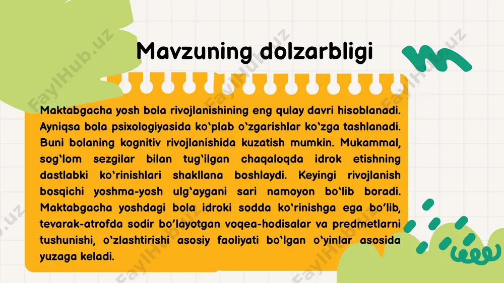 i. ba`zan bolalar o’yinning qanday borishini oldindan belgilab oladilar. o’yinning tuzilishi va mazmuni rivojlanib borishi bilan o’yinchoqning roli va unga talab ham o’zgarib boradi. kichkina bolalar o’yinini ko’pincha o’yinchoq belgilaydi. bitta o’yinchoq bir nechta vazifani bajarishi mumkin. o’rta va katta maktabgacha yoshdagi bolalarda o’yin to’g’risidagi fikr avval tug’iladi. keyin o’ynay boshlaydi. o’yinchoq o’yin mazmuniga qarab tanlanadi. xulosa xulosa qilib shuni aytish mumkinki, demak ijodiy o’yinlar orqali bolalarga yangi bilimlar, tushunchalar berib boriladi. bu о‘yinlarda bolaning har tomonlama rivojlanishi, psixologik, bilish jarayonlari, sensor madaniyati, nutq faoliyati, aqliy qobiliyatlari takomillashadi. taklif va tavsiya o‘yinlar bolalarning yoshiga mos va qiziqarli bo‘lishi kerak. o‘yin davomida bolalar o‘z fikrlarini erkin ifoda qilishiga imkon berish lozim. bolalar uchun harakatli, dramatik va ijodiy o‘yinlarni uyg‘unlashtirish foydali bo‘ladi. rag‘batlantirish va maqtovlar orqali bolalarni yanada ishtiyoqli qilish. o‘yinlarni guruh bo‘lib o‘ynash, hamkorlik va do‘stlik muhiti yaratishga e’tibor berish. test 1. ijodiy o‘yinlarning asosiy maqsadi nima? a) bolalarni jismoniy chiniqtirish …