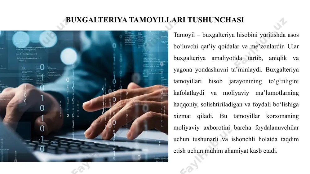 oliyaviy nazorat va hisobot o‘zbekiston prezidenti shavkat mirziyoyevning asarlarida moliyaviy nazorat va hisobot tizimlarini takomillashtirishga katta e’tibor qaratilgan. u iqtisodiy shaffoflik va hisobdorlikni oshirish orqali davlat boshqaruvida samaradorlikni ta’minlashni ustuvor vazifa deb biladi.“yangi o‘zbekiston – yangi islohotlar” konsepsiyasi doirasida moliyaviy nazorat mexanizmlari yanada kuchaytirilib, moliyaviy hisobotlarning haqqoniyligi va ishonchliligi ta’minlanmoqda. bu esa biznes muhitini yaxshilash, investitsiyalarni jalb qilish va iqtisodiy barqarorlikni mustahkamlashga xizmat qiladi. prezident ta’kidlaganidek, har bir tashkilot moliyaviy faoliyatining oshkoraligi va hisobot berish madaniyatini rivojlantirish orqali mamlakat iqtisodiyotining raqobatbardoshligini oshirish mumkin. buxgalteriya tamoyillarining moliyaviy hisobotga ta’siri buxgalteriya tamoyillari moliyaviy hisobotlarning sifatiga bevosita ta’sir qiladi. balans va foyda hamda zarar hisobotlari tamoyillar asosida tuziladi, bu esa ularning aniqligi va haqqoniyligini ta’minlaydi.tamoyillar hisobga olinganda, moliyaviy ma’lumotlar shaffof va ishonchli bo‘ladi, bu esa investorlar, kredit beruvchilar va boshqa manfaatdor tomonlar uchun taqqoslanadigan va tahlil qilinadigan hisobotlarni yaratadi.shu bilan birga, moliyaviy hisobotlarda tamoyillarni qo‘llash kompaniya faoliyatining real holatini to‘liq aks ettirishga yordam …