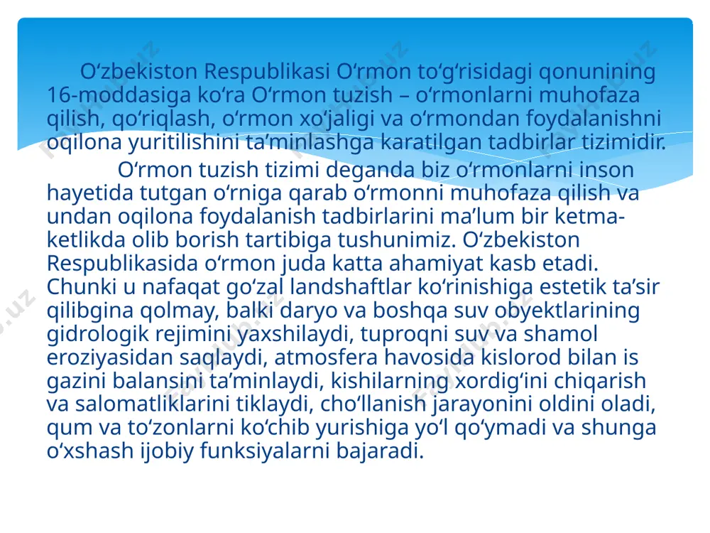 on tuzishning xuquqiy asoslari o‘zbekiston respublikasi konstitutsiyasining 50,54,55- moddalarida bevosita aks ettirilgandir. o‘rmon, yuqorida aytib o‘tganimizdek, o‘zbekistonda eng avvalo ekologik funksiya bajarar ekan va shuning uchun ham fuqarolar unga nisbatan ehtiyotkorona munosabatda bo‘lishga majburdirlar. o‘rmon kimning tasarrufida, egaligida, foydalanishda yoki ijarasida bo‘lishidan qat’iy nazar undan foydalanish atrof muhitga zarar yetkazmasligi, o‘zga shaxs va davlatning xavfsiz muhitda yashash va milliy xavfsizlikni ta’minishiga zid ishlarni qilmasliklari shartdir. chunki o‘rmon, boshqa tabiiy obyektlar singari, umummilliy boylikdir, ulardan oqilona foydalanish zarur va ular davlat muhafazasidadir. mustaqil respublikamiz konstitutsiyasining imperativ normalaridan kelib chiqqan holda 1999 yil 15 aprelda o‘rmon to‘g‘risida qonun qabul qilindi. ushbu qonunda alohida modda bilan o‘rmon tuzish tushunchasi va tarkibiy qismlari belgilanib olindi. unga muvofiq ravishda o‘zbekiston respublikasida o‘rmon tuzish ishlariga qo‘yidagi chora-tadbirlar kiradi: davlat o‘rmon fondi uchastkalarining chegaralarini belgilash va davlat o‘rmon fondining o‘rmondan doimiy foydalanuvchilar foydalanishidagi hududining ichki xo‘jaligini tashkil etish; topografiya-geodeziya ishlarini bajarish va o‘rmonlarni maxsus xaritaga kiritish; o‘rmon …