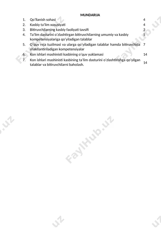 drlar malakasini oshirish tizimida, tarmoq o‘quv muassasalarida va maxsus kurslarida malakani oshirishi; kasbiy faoliyatning tegishli sohasida yanada yuqoriroq malakaga erish maqsadida oliy ta’lim muassasasida o‘qishni davom ettirishi mumkin. 2.4. o‘qishga qabul shartlari. o‘qishga qabul shartlari amaldagi qonunchilik asosida amalga oshiriladi. 3. bitiruvchilarning kasbiy faoliyati tavsifi 3.1. bitiruvchining kasbiy faoliyat sohasi: kon korxonalarida ishlatiladigan ekskavator, burg‘ilash mashinalari va buldozer mashinalarni mehnat muhofazasi qoidalariga amal qilgan holda boshqarish. 3.1. bitiruvchining kasbiy faoliyat obyektlari: 3.1.1. ekskаvator mashinisti bir cho‘michli ekskavator; ko‘p cho‘michli ekskavator moylovchi-sovutuvchi materiallar; texnik va ma’lumotnoma hujjatlar. 3.1.2. burg‘ilash qurilmalari mashinisti kvalifikatsiyasi bo‘yicha: burg‘ilash mashinalari; burg‘ilash uskunalari; perferatorlar; burg‘ilash snaryadi; moylovchi materiallar; texnik va ma’lumotnoma hujjatlar. 3.1.3. buldozer mashinisti kvalifikatsiyasi bo‘yicha: traktorlar; otvallar; kesuvchi asboblar; moylovchi-sovutuvchi materiallar; texnik va ma’lumotnoma hujjatlar. 3.1.4. ekskavator mashinisti kvalifikatsiyasi bo‘yicha: 3.2. 40721401 - kon ishlari mashinisti kasbi bo‘yicha ta’lim oluvchi qo‘yidagi faoliyat turlariga tayyorlanadi: 3.2.1. ekskavator mashinisti kvalifikatsiyasi bo‘yicha: kon jinslarni qazish va avtomabil transportiga …