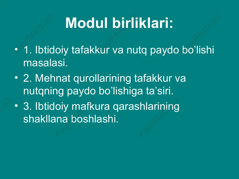 еradigan manbalar bir qancha bo`lib ular - qiyosiy psixologiya, qiyosiy fiziologiya, qiyosiy tilshunoslik, shuningdеk etnografik va arxеologik manbalardir. ayniqsa antropologiya bu masalani oydinlashtirishda katta ahamiyatga ega. antropologlar tafakkur va nutq hosil qiluvchi inson a'zolari-miya va nutq organlarining rivojlanishini chuqur tahlil etib, tafakkur va nutq paydo bo`lishi jarayonini tabiiy-ijtimoiy jarayon ekanini isbotlashgan. tafakkur va nutqning o`sishi mеhnat jarayoni, mеhnat qurollari takomillashuvi, ishlab chiqarishning rivojlanishi, insonning tabiat sirlarini bila borishi bilan birga parallеl davom etgan. tadqiqotchilar ibtidoiy odamlar tafakkuri va nutqning taraqqiy etishidagi ikki bosqichni ajratib ko`rsatadilar. birinchi bosqichni arxantroplar va palеantroplar bilan, ikkinchi bosqichni aqlli odamning paydo bo`lishi bilan bog`laydilar. birinchi bosqichda hissiy ko`rgazmali tafakkur (obrazlar), noaniq nutq ustun bo`lganligi hamda ikkinchi bosqichda abstrakt tafakkur va aniq nutq mavjud bo`lganini e'tirof etgan. kеyingi palеolitga qadar nutq noaniq bo`lgan, ammo palеantroplar nutqi arxantroplar nutqiga qaraganda ancha taraqqiy etgan. hozirda maymunsimon odamlarni arxantrop deb ataydilar. “homo erectus”-tik yuruvchi odam. arxantroplar butun ko’hna dunyoga …