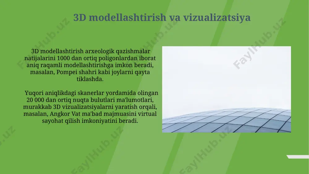 q bo'lindi. gps va gis yordamida o'zbekistonning samarqand viloyatida joylashgan arxeologik qazishmalarni 3d modellashtirish orqali 1000 dan ortiq artefaktlarning aniq koordinatalarini aniqlash va ularning makonlararo bog'lanishini o'rganish mumkin. e'tiboringiz uchun rahmat @taqdimot_robot image1.jpg image2.jpg image3.jpg image4.jpg image5.jpg image6.jpg image7.jpg image8.jpg image9.jpg image10.jpg image11.jpg image12.jpg image13.jpg image14.jpg image15.jpg image16.jpg image17.jpg