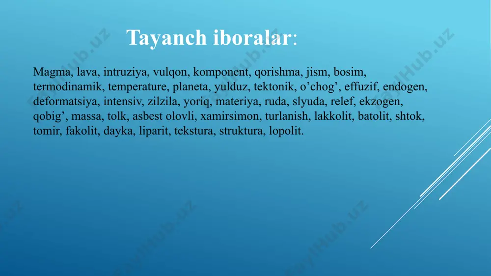 hosil bo’lgan jinslarni yerning chuqirroq zonalariga tushib qolishida yuz beradi. masalan, cho’kindi jinslarni yer qaridan chiqayotgan magma yaqiniga ya'ni yuqori tekstura va bosim tasiriga tushib qolishda, yoki bo’lmasa yer qobigining deformatsiyasi natijasida temperatura va bosimning keskin o’zgarishi hisobiga o’zgaradi. yer yuzasida shakillangan jinslar turg’unlik holati juda past ko’rsatgichga ega, jinslarning qayta shakilanishidan avvalgisiga o’hshamaydigan yangi jinslar hosil bo’ladi. bu jinslar metamorfik tog’ jinslari, ularni hosil qiluvchi jarayonga metamorfizm jarayoni deyiladi. metamorfizm jarayoni vaqtida foydali qazilma konlari ham hosil bo’lishi mumkin, misol uchun asbest, talk, mramorlar, ko’pchilik metallar va boshqalar. magmatik tog’ jinslari magmani asta-sekin sovib kristallanib qotishdan hosil bo’ladi. silikat tarkibli olovli massa-magma yer qobig’ining chuqur qismlarida paydo bo’lib, har hil gazsimon moddalar va suv bug’lari bilan tuyingan bo’ladi. yer qobigtning chuqur qismlarida bunday qizigan modda katta bosim ostida nisbatan qattiq holda uchraydi. lekin qatlamlardagi darzlarda, yoriqlarda bosimning pasayishi natijasida bunday massa suyuq (hamirsimon) holatga o’tadi. yer qobig’ida tektonik harakatlar …