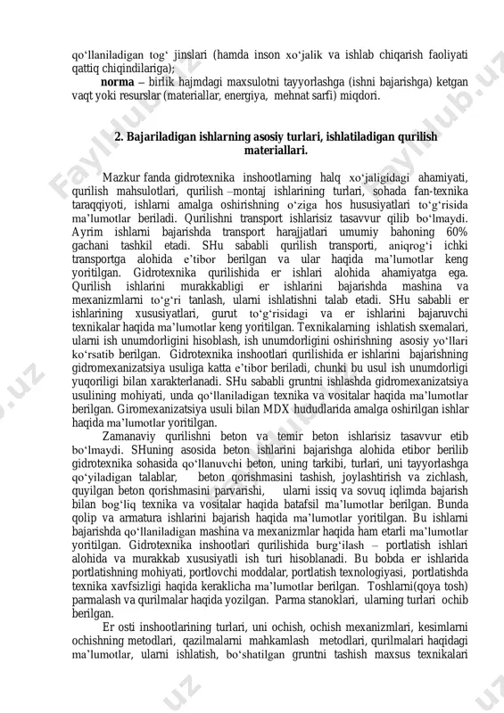 liklararo kollektor-drenaj tarmog‘i — bir tuman hududida joylashgan ochiq va yopiq kollektorlar va drenaj tarmog‘i; meliorativ ob’ektlarni ta’mirlash va tiklash — meliorativ ob’ektlarning loyihaviy parametrlarini ta’minlashga, shu jumladan kollektor o‘zanlarini cho‘kindilar, o‘tlar va butalardan tozalashga, ulardagi inshootlarni va yon qiyaliklaridagi ayrim emirilishlarni ta’mirlashga, yopiq gorizontal drenajni ta’mirlash, yuvishga hamda asbob-uskunalar, inshootlar va boshqa meliorativ ob’ektlarni ta’mirlash hamda ularning tez eskiradigan ayrim qismlari va uzellarini almashtirishga mo‘ljallangan ishlar; meliorativ ob’ektlarni joriy ta’mirlash — meliorativ ob’ektlarni ish holatida saqlashga mo‘ljallangan, muntazam ravishda amalga oshiriladigan ta’mirlash ishlari. bunda foydalaniladigan moddiy-texnika resurslari (temir-beton, metall konstruksiya, sement, metall va hokazolar), ehtiyot qismlar va asbob- uskunalar qiymati ta’mirlash-tiklash ishlari jami qiymatining 20 foizidan ortiq bo‘lmasligi kerak; meliorativ ob’ektlarni mukammal ta’mirlash — jarayon davomida ob’ekt yoki uning ayrim elementlarini to‘liq yoki qisman tiklash, inshootlarning eskirgan konstruksiyalari va asbob-uskunalarini almashtirish yoki ularni mustahkamroq va tejamlilari bilan yangilashga doir ishlar. bunda foydalaniladigan moddiy-texnika resurslari, ehtiyot qismlar va asbob-uskunalar qiymati …