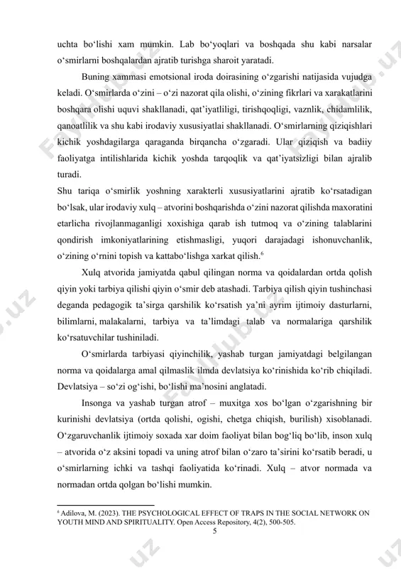 (2023). the psychological effect of traps in the social network on youth mind and spirituality. open access repository, 4(2), 500-505.] xulq atvorida jamiyatda qabul qilingan norma va qoidalardan ortda qolish qiyin yoki tarbiya qilishi qiyin o‘smir deb atashadi. tarbiya qilish qiyin tushinchasi deganda pedagogik ta’sirga qarshilik ko‘rsatish ya’ni ayrim ijtimoiy dasturlarni, bilimlarni, malakalarni, tarbiya va ta’limdagi talab va normalariga qarshilik ko‘rsatuvchilar tushiniladi. o‘smirlarda tarbiyasi qiyinchilik, yashab turgan jamiyatdagi belgilangan norma va qoidalarga amal qilmaslik ilmda devlatsiya ko‘rinishida ko‘rib chiqiladi. devlatsiya – so‘zi og‘ishi, bo‘lishi ma’nosini anglatadi. insonga va yashab turgan atrof – muxitga xos bo‘lgan o‘zgarishning bir kurinishi devlatsiya (ortda qolishi, ogishi, chetga chiqish, burilish) xisoblanadi. o‘zgaruvchanlik ijtimoiy soxada xar doim faoliyat bilan bog‘liq bo‘lib, inson xulq – atvorida o‘z aksini topadi va uning atrof bilan o‘zaro ta’sirini ko‘rsatib beradi, u o‘smirlarning ichki va tashqi faoliyatida ko‘rinadi. xulq – atvor normada va normadan ortda qolgan bo‘lishi mumkin. normadagi xulq – …
