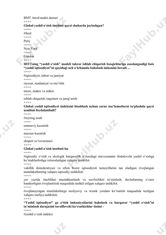 ‘qotgan mahsulotlar – bu ... ==== #chiqindilar ==== axlatlar ==== sanoat qoldiqlari ==== ozuqalar ++++ barcha manbalar, shu jumladan, quruqlik va dengizdagi, shuningdek, boshqa suv ekotizimlari va ekologik komplekslariga oid tirik organizmlarning xillari – bu ... ==== #biologik xilma-xillik ==== tabiiy xilma-xillik ==== fiziologik xilma-xillik ==== ekologik xilma-xillik ++++ bmt tomonidan mamlakatlarning barqaror rivojlanish darajasini belgilab beruvchi kо‘rsatkichlarni nechta guruhga ajratiladi? ==== #tо‘rtta ==== uchta ==== beshta ==== oltita ++++ iqtisodiy dastaklar – bu ==== #atrof-muhit bilan bog‘liq muammolarni hal etishda keng qо‘llaniladigan bozor dastaklari (narx mexanizmi, soliqlar, subsidiyalar va b.) ==== korxonalarga atrof-muhitga zarar yetkazmaslik maqsadida nimalarga rioya etish zarurligi qayd etiladigan meyoriy-huquqiy cheklovlar ==== iqtisodiy subyektlarni yashil iqtisodiyotni shakllantirish bilan bog‘liq ma’lumotlar bilan ta’minlashning muqobil uslublari yoki usullari tо‘g‘risida xabardor qilish samaradorligini oshirishga xizmat qiladigan dastaklar ==== atrof-muhit bilan bog‘liq masalalarni hal etishning davlat qo`llaydigan dastaklari to`plami ++++ axborot dastaklari - bu ==== #iqtisodiy subyektlarni yashil iqtisodiyotni shakllantirish …