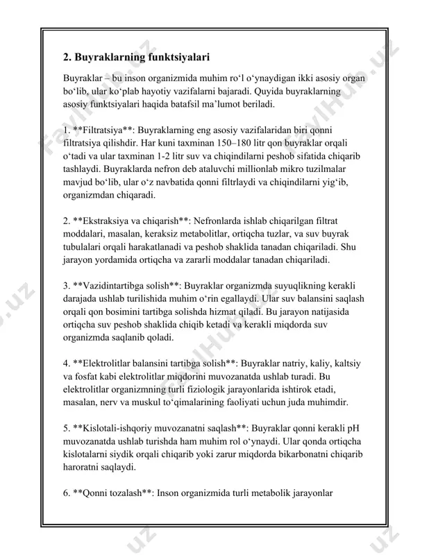 g tutilishi yoki kuchli suvsizlik sabab bo'lishi mumkin. siydik chiqarish jarayonida ishtirok etuvchi a'zolar - buyraklar, peshob pufagi, siydik yo'llari va siydik kanalidir. siydikni boshqarishning asosiy mexanizmi bu - buyraklar tomonidan amalga oshiriladigan filtratsiya jarayonidir. buyraklar kuniga taxminan 180 litr qon filtrelaydi, lekin faqat 1-2 litri siydik sifatida chiqariladi. qolgan qismi qayta so'rib olinib, organizmga qaytariladi. siydik densitometriyasi yordamida siydikning zichligi o'lchanadi, bu esa buyraklarning filtratsiya qobiliyatini baholash uchun muhimdir. siydik zichligining normativlari 1.005 dan 1.030 g/ml gacha bo'lishi mumkin. kundalik hayotda siydikni boshqarish odatda ovqatlanish rejimiga bog'liq. misol uchun, xun ratsioniga kiritilgan tuz miqdori siydik miqdoriga katta ta'sir qiladi. tuz suyuqlikni organizmda ushlab turishga moyil qiladi, bu esa siydik miqdorini kamaytirishi mumkin. siydikni boshqarishning tibbiy jihati tarkibida siydik yo'llari infeksiyalari bilan kurashish ham kiradi, bu infeksiyalar bakteriologik tahlil orqali aniqlanadi va antibiotiklar bilan davolanadi. bu raqamlar va faktlar siydik miqdorini boshqarishga oid asosiy ma'lumotlardir. dinamik muhit va shaxsiy omillar …