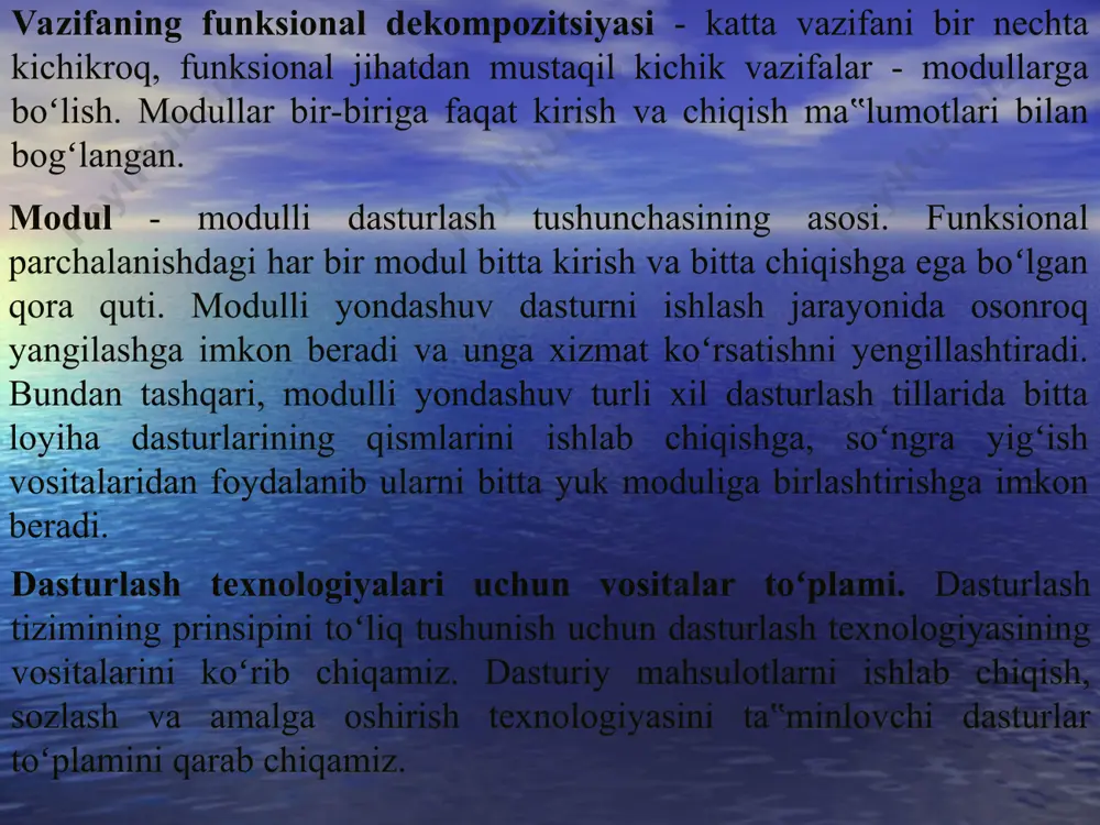 mallarni qadamma-qadam yozib boraveradi, kompyuter esa uni kerakli ko'rinishga, ya'ni o'zi tushunadigan raqamlar ketma-ketligiga o'tkazib oladi. yuqori darajali dasturlash tillaridagi ko'rsatmalar inson tiliga yaqin bo'lgan so'zlar majmuidan iborat. ular yordamida amallarni bajarish quyi darajadagilaridan ko'ra engil bo'lib, dasturchi, biror maxsus ko'rsatma bo'lmasa, adreslar, qurilmalar bilan bevosita bog'liq axborotlarni bilmasligi ham mumkin. kompyuter ko'rsatilgan amallarni bajarishi uchun operatorlarni raqamli ko'rinishga keltirishi kerak. bu vazifani translyatorlar deb nomlanadigan maxsus dasturlar bajaradi. keyingi yillarda juda ko'p yuqori darajadagi dasturlash tillari yaratilgan bo'lib, ular qatoriga paskal, dbase, ada, karat, c++, delphi, visual basic va boshqa tillarni kiritish mumkin. yaratilayotgan dastur lash tillari biror yo'nalishdagi masalalarni hal qilishga mo'ljallan gandir. quyidagi jadvalda dasturlash tili rivojlanishi tarixidan qiqacha ma'lumot berilgan. translyatorlar yuqori darajadagi dastlabki dasturlash tili "plankalkyul" deb nomlanib, u 1946 - yilda olmon olimi konrad suzu tomonidan yaratildi. bu til o'z vaqtida ma'lum sabablar (shu jumladan ikkinchi jahon urushi)ga ko'ra, keng jamoatchilikka tanish emas edi. …