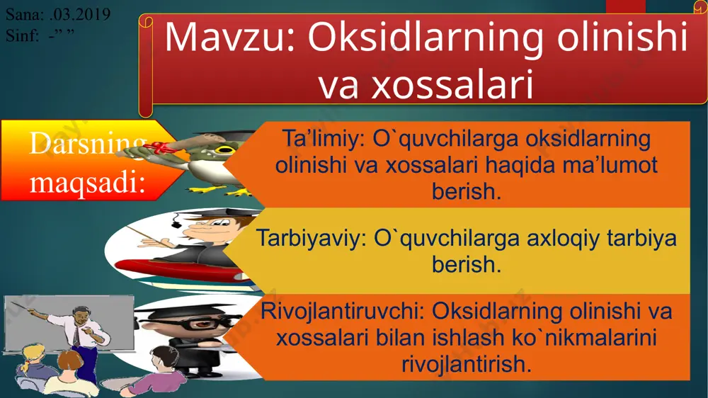 urakkab moddalarning kislorod bilan o’zaro ta’sirlashishi (yonishi) natijasida: 3. murakkab moddalarning (asoslar, kislotalar, tuzlar) parchalanishi natijasida : 4. ba’zi boshqa reaksiyalar natijasida : kimyoviy xossalari. ishqoriy va ishqoriy- yer metallarning oksidari va suv bilan ta’sirlashib suvda eriydigan asoslarni (ishqorlarni) hosil qiladi: 〖𝑁𝑎〗_2o+𝐻_2o=2naoh; cao+𝐻_2o=ca(〖𝑂𝐻)〗_2 2. ba’zi metalmaslarning oksidlari suv bilan ta’sirlashib kislotalarni hosil qiladi: s𝑂_2+𝐻_2o=𝐻_2 s𝑂_3; 𝑃_2 𝑂_5+3𝐻_2o=2𝐻_3 〖𝑃𝑂〗_4 3. metallar oksidlari asoslar bilan ta’sirlashib tuz va suvni hosil qiladi: cao+2hci=〖𝐶𝑎𝐶𝐼〗_2+𝐻_2o; bao+2hn𝑂_3=ba〖(〖𝑁𝑂〗_3)〗_2+𝐻_2o 4. metalmaslar oksidlari asoslar bilan ta’sirlashib tuz va suvni hosil qiladi: s𝑂_2+2naoh=〖𝑁𝑎〗_2s𝑂_3+𝐻_2o; 𝑃_2 𝑂_5+3ca(〖𝑂𝐻)〗_2=〖〖𝐶𝑎〗_3 (〖𝑃𝑂〗_4)〗_2+3𝐻_2o 5. metallarning oksidlari metalmaslar oksidlari bilan ta’sirlashib tuzni hosil qiladi: mgo+s𝑂_2=mgs𝑂_3; bao+c𝑂_2=bac𝑂_3 kimyoviy xossalari. ishqoriy va ishqoriy- yer metallarning oksidari va suv bilan ta’sirlashib suvda eriydigan asoslarni (ishqorlarni) hosil qiladi: 2. ba’zi metalmaslarning oksidlari suv bilan ta’sirlashib kislotalarni hosil qiladi: 3. metallar oksidlari asoslar bilan ta’sirlashib tuz va suvni hosil qiladi: 4. metalmaslar oksidlari asoslar bilan ta’sirlashib tuz va suvni hosil qiladi: 5. metallarning …
