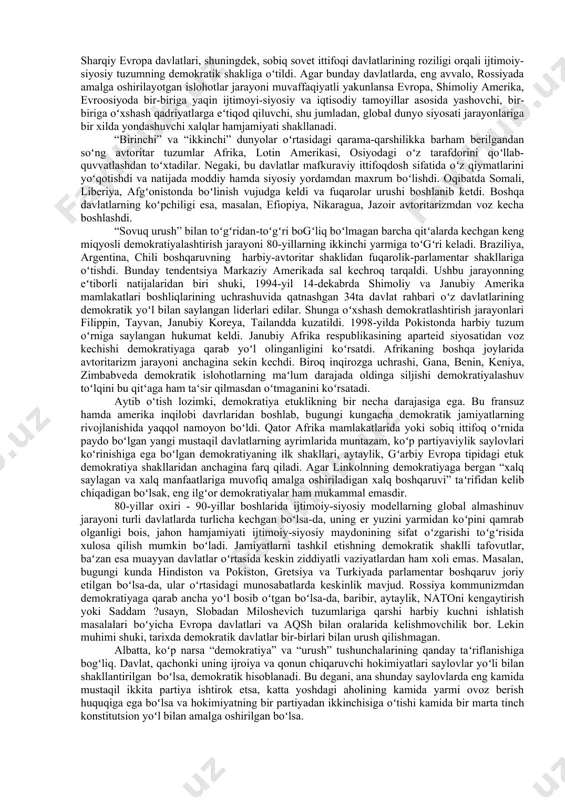 yaqinlashuv jarayonlari va har tomonlama hamkorlikning kuchayishi, yaxlit boʻlgan siyosiy, iqtisodiy va huquqiy makonlarning vujudga kelishi, hozirgi zamon xalqaro huquq normalarining yaratilishidir. ikkinchidan, “sotsialistik lager”ning emirilishi, totalitar tuzumdagi davlatlarning tugatilishi, ular oʻrnida mustaqil davlatlarning paydo boʻlishidir. endilikda “sovuq urush”ga barham berildi, “kapitalistik” va “sotsialistik” degan tushunchalar oʻrtasidagi farq amalda yoʻq boʻlib borayapti. mafkuraviy aqidalardan xoli boʻlgan yangi, erkin tafakkurni shakllantirish zarurati paydo boʻldi. birinchi prezidentimiz “oʻzbekistonning oʻz istiqlol va taraqqiyoti yoʻli” kitobida oʻzbekiston respublikasi tashqi siyosatining kontseptsiyasi toʻgʻrisida, tashqi siyosiy yoʻl, bu yoʻlning huquqiy negizi va uni amalga oshirish vositalari haqida toʻxtalib oʻtgan. oʻzbekiston tashqi siyosatining strategik yoʻli, asosiy qoidalari va maqsadlari, uning ustuvor va mintaqaviy yoʻnalishlari, xususiyatlari negizida respublikaning milliy manfaatlari oʻz ifodasini topgan. har qanday siyosat aql-idrok bilan ish tutishni taqozo etadi. rivojlanayotgan, tez taraqqiy etish uchun kuchli ilmiy, sanoat kuch-quvvatiga ega boʻlgan mamlakatning tashqi siyosati ehtiroslardan xoli boʻlishi lozim. respublikamiz ana shunday davlatlar sirasiga kiradi. yangi xalqaro …