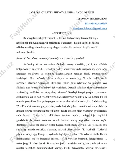 javlon jovliyevning hikoyalari: ayol obrazi — DOC