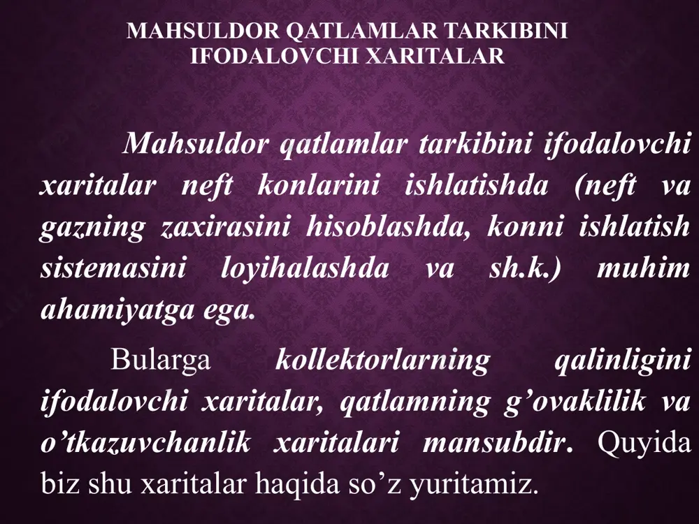 mentlanish darajasi yuqori bo’lsa, ularning g’ovakliligi shuncha kam bo’ladi). binobarin, g’ovaklilik xaritasi bir vaqtning o’zida kollektorlarning sementlanganlik darajasini ham bildiradi. kollektorlar o’tkazuvchanligini ifodalovchi xaritalar kollektorlar o’tkazuvchanligini ifodalovchi xaritalar g’ovaklilik xaritasini tuzish usulida tayyorlanadi. har bir quduq uchun, u yoki bu usulda aniqlangan o’tkazuvchanlik qiymati darsi birligida aniqlanadi. quduq belgisi oldiga yozib qo’yilgan o’tkazuvchanlikni anglatuvchi raqam interpolyatsiya metodi bilan ma’lum intervallar uchun aniqlanadi va o’tkazuvchanligi bir xil bo’lgan nuqtalar belgilanadi. qiymati bir xil bo’lgan nuqtalar tekis egri chiziq bilan birlashtiriladi. natijada kollektorlar o’tkazuvchanligini ko’rsatuvchi xarita tuziladi. qatlamning singdiruvchanlik xaritasi neftli qatlamlarning fizik xususiyatlarini gidrodinamika metodlari bilan o’rganish borasida qatlamning singdiruvchanlik xaritasi ishlatila boshlandi. bunday xaritalar neft yoki suvning qovushqoqligi, qatlamning o’tkazuvchanligi va qalinligi ta’sirini tavsiflaydi va quyidagicha ifodalanadi: bunda   qatlamdagi suyuqlik qovushqoqligi, santipuazda; k  kollektorning o’rtacha o’tkazuvchanligi, darsida; h  qatlamning qalinligi, m. singdiruvchanlik xaritasi izoliniyalari yuqorida qayd etilgan xaritalar usuli bilan topiladi. qatlamning singdiruvchanlik xaritasi yordamida suyuqliklarning …
