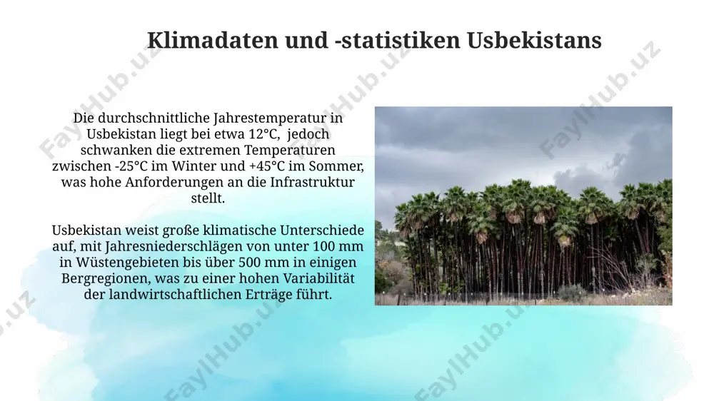 en, besonders im westen und im hochland, signifikant und werden zunehmend für die energiegewinnung genutzt, mit projekten zur installation von über 1000 mw windkraftkapazität. zukunftsaussichten und nachhaltige entwicklung die umstellung auf erneuerbare energien, mit einem ziel von 25% anteil bis 2030, ist entscheidend für die reduktion der co2-emissionen und die stärkung der energiesicherheit usbekistans. ein nachhaltiges tourismuskonzept, das ökologische belastungen minimiert und lokale gemeinschaften durch ca. 10% steigerung der ökologisch verträglichen arbeitsplätze stärkt, ist für langfristiges wirtschaftswachstum unerlässlich. landwirtschaft und klima die zunehmende desertifikation, die etwa 15% des landes betrifft, reduziert die landwirtschaftlich nutzbare fläche und zwingt zu anpassungsstrategien im pflanzenbau angesichts des sich ändernden klimas. die ernteerträge in usbekistan, insbesondere bei wichtigen feldfrüchten wie weizen und gerste, sind stark von der jährlichen niederschlagsmenge abhängig, wobei schwankungen von über 20% die ernährungsicherheit gefährden. temperaturen: jahreszeiten und extreme in den tälern und oasen sind die temperaturen milder als in den hochländern …