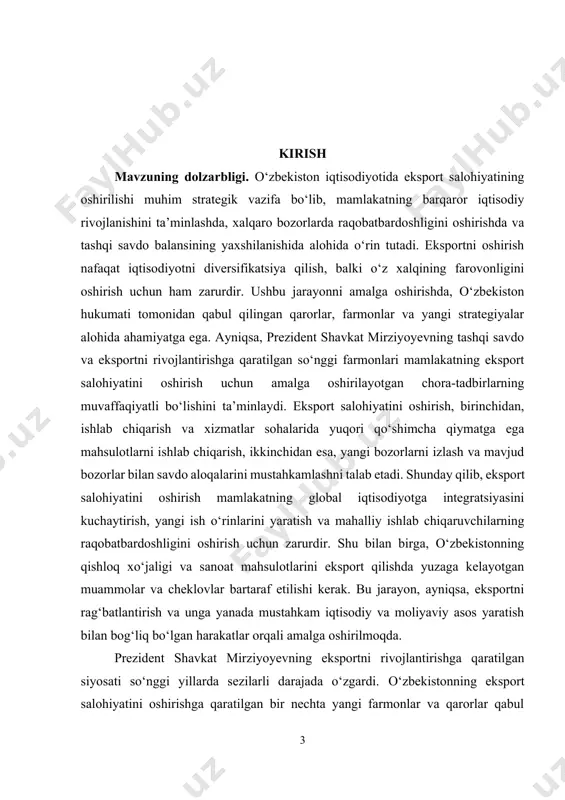 raqobatbardoshligini oshirishga qaratilgan chora-tadbirlarni belgilab berdi. bu dastur mamlakatning iqtisodiy salohiyatini oshirish, tashqi bozorlarda o‘zbekiston mahsulotlariga bo‘lgan talabni kuchaytirish va global bozorlar bilan aloqalarni mustahkamlashga qaratilgan. dasturda o‘zbekiston mahsulotlarining sifatini yaxshilash, innovatsion texnologiyalarni joriy etish, sanoat ishlab chiqarishining raqobatbardoshligini oshirish va eksportni yo‘naltirishning yangi strategiyalarini ishlab chiqish ko‘zda tutilgan. 2024-yilda qishloq xo‘jaligi mahsulotlarining eksporti sezilarli darajada o‘sdi. masalan, o‘zbekistonning meva-sabzavot mahsulotlari eksporti 2023-yilda 15,7 foizga oshdi. bu o‘sish, ayniqsa, yangi bozorlarni izlash, marketing va logistika tizimini takomillashtirish, shuningdek, mahsulotlarning sifatini yaxshilashga qaratilgan chora-tadbirlar orqali erishildi. shuningdek, 2024-yilda o‘zbekinvest tomonidan eksportchilarga taqdim etilgan sug‘urta qoplamalari hajmi 2,5 milliard aqsh dollarini tashkil etdi, bu esa o‘zbekistonning noxomashyo eksportining 36 foizini qamrab oldi. bu kabi tashabbuslar eksportchilarning xavf-xatarlarini kamaytirish va ularning tashqi bozorlarda faoliyatini kengaytirishga yordam bermoqda. [1: o‘zbekiston respublikasi tashqi savdo vazirligi (2021). "eksportni rivojlantirish bo‘yicha strategik yo‘nalishlar". tashqi savdo siyosatini amalga oshirishning yangi yo‘nalishlari.] [2: o‘zbekiston respublikasi prezidenti shavkat mirziyoyevning 2022-yil …