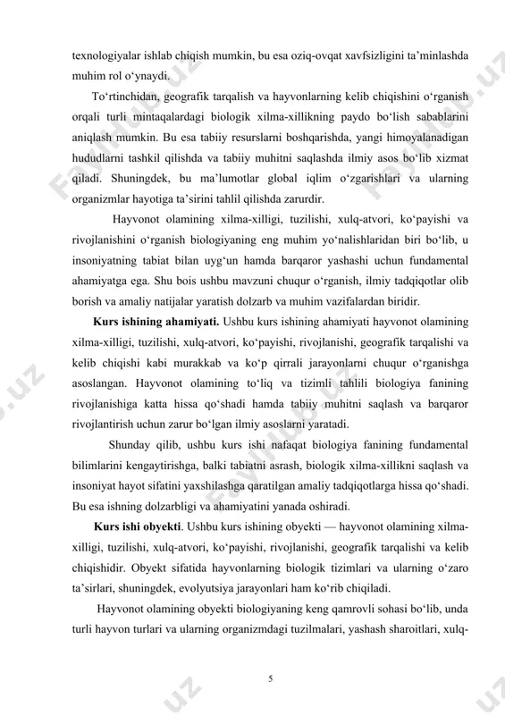 ning xulq-atvori va uning turlari, shu jumladan, ularning ijtimoiy va reproduktiv xulq-atvorini o‘rganish. 4. hayvonlarning ko‘payish usullari va rivojlanish bosqichlarini aniqlash hamda ularning ekologik ahamiyatini tahlil qilish. 5. hayvonlarning geografik tarqalishi va bu jarayonlarning evolyutsion asoslarini o‘rganish. kurs ishining amaliy ahamiyati. ushbu kurs ishining amaliy ahamiyati hayvonot olamining xilma-xilligi, tuzilishi, xulq-atvori, ko‘payishi, rivojlanishi va geografik tarqalishini chuqur o‘rganish orqali amaliy sohalarda samarali foydalanish imkoniyatlarini yaratishdan iborat. kurs ishining tuzilishi. kurs ishining birinchi bobida hayvonot olamining xilma-xilligi, tuzilishi, xulq-atvori va ko‘payishi haqida umumiy ma'lumotlar keltiriladi. ikkinchi bobda esa hayvonlarning rivojlanishi, geografik tarqalishi va kelib chiqishi tahlil qilinadi hamda ularning ekologik va evolyutsion ahamiyati batafsil o‘rganiladi. i.bob. hayvonot olamining xilma-xilligi va tuzilishi 1.1 hayvonot olamining xilma-xilligi va turlari hayvonot olami yer yuzida mavjud bo‘lgan eng murakkab va ko‘p qirralik biologik tizimlardan biridir. bu olamda millionlab turdagi hayvonlar yashaydi va ularning har biri o‘ziga xos tashkiliy tuzilish, hayot tarziga ega. hayvonot olamining xilma-xilligi …
