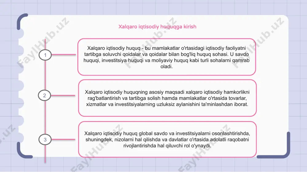 iqtisodiy huquqning manbalariga shartnomalar, xalqaro odat huquqi, xalqaro sudlarning qarorlari kiradi. iqtisodiy huquqda xalqaro tashkilotlarning roli xalqaro tashkilotlar xalqaro iqtisodiy huquqni shakllantirish va amalga oshirishda hal qiluvchi rol o'ynaydi. ular hamkorlikni osonlashtiradi, standartlarni belgilaydi va savdo, sarmoya va moliya kabi sohalarda nizolarni hal qiladi. ular o‘z konventsiyalari, bitimlari va shartnomalari orqali iqtisodiy rivojlanishga yordam beradi va adolatli raqobatni ta’minlaydi. xalqaro investitsiya huquqi va nizolarni hal qilish xalqaro iqtisodiy huquq deganda mamlakatlar o‘rtasidagi iqtisodiy munosabatlarni tartibga soluvchi qoidalar va qoidalar to‘plami tushuniladi. xalqaro iqtisodiy huquqning muhim jihatlaridan biri xalqaro investitsiya huquqi bo'lib, u mamlakatlar va investorlarning to'g'ridan-to'g'ri xorijiy investitsiyalar bilan bog'liq huquq va majburiyatlarini ko'rib chiqadi. nizolarni hal qilish xalqaro investitsiya huquqining asosiy tarkibiy qismi bo'lib, mamlakatlar va investorlar o'rtasida yuzaga kelishi mumkin bo'lgan nizolarni hal qilish mexanizmini ta'minlaydi. 1 2 3 xalqaro savdo huquqi va siyosati xalqaro iqtisodiy huquq deganda mamlakatlar oʻrtasidagi xalqaro savdo-iqtisodiy munosabatlarni tartibga soluvchi qonunlar toʻplami tushuniladi. …