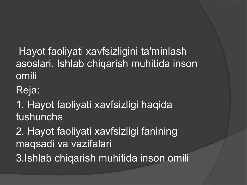 hinam sharoit yaratish. hfxning integral ko`rsatkichi hayotning davomiyligi hisoblanadi. sivilizatsiya taraqqiyoti (ilmiy-texnikaning, iqtisodning rivojlanish, qishloq xo`jaligini industrlashtirish, har xil energiyalardan foydalanish - yadro energiyasigacha, yangi mashina va mexanizmlarni yaratilishi, zararkunandalarga qarshi har xil o`g’itlarning qo`llanilishi) inson sog’ligiga salbiy ta`sir etuvchi zararli omillar miqdorini sezilarli darajada ko`paytirmoqda. shu sababli ushbu omillardan himoyalash inson hayot faoliyatini taminlashning muhim elementi bo`lib qolmoqda. insoniyat paydo bo`lgandan boshlab o`zining ko`payishi davomida iqtisodiyotni rivojlantirish bilan birga xavfsizlikning ijtimoiy-iqtisodiy sistemasini yaratdi. buning oqibatida insonga zararli ta`sirlar sonini oshishiga qaramasdan insonning xavfsizligi darajasi ortdi. hozirgi vaqtda eng rivojlangan mamlakatlarda insonlarning o`rtacha umr ko`rishi 77 yoshni tashkil qiladi. hayot faoliyati xavfsizligi quyidagi masalalarni ko`rib chiqadi: - maishiy muhitdagi xavfsizlik; - ishlab chiqarish muhitidagi xavfsizlik; - shahar muhitidagi hayot faoliyati xavfsizligi; - atrof muhitdagi xavfsizlik; - tinchlik va urush vaqtidagi favqulodda holatlar. maishiy muhit – bu maishiy sharoitdagi insonga ta`sir qiluvchi barcha omillarning yig’indisidir. organizmni maishiy omillarga reaktsiyasini fanning sog’lom …