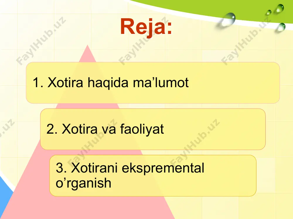 uxiy jarayon bo’lgan xotirani ilmiy tajriba metodi negizida tekshiradi va keng ko’lamda turmushga tadbiq qiladi. bugungi kunda psixalogiyada xotirani uch xil nazariya asosida o’rganishmoqda. birinchi guruh nazariyalar - psixologik nazariyalar, ikkinchisi - neyrofiziologik nazariyalar.ularga keyingi yillarda yangi nazariyalar, uchinchi yo`nalish - bioximik yo`nalishdagi nazariyalar qo`shilmoqda. etiboringiz uchun raxmat! image1.png image3.jpeg image4.jpeg image5.jpeg image6.jpeg image7.jpeg image8.jpeg image9.jpeg image10.jpeg image11.jpeg image12.jpeg image2.png /docprops/thumbnail.jpeg