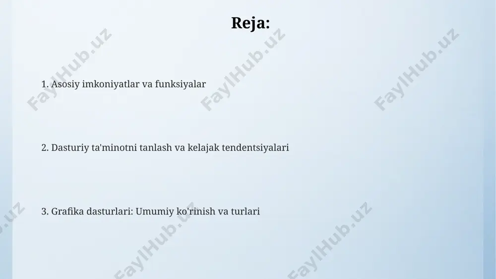 lari 2d ob'ektlarni yaratish uchun ishlatiladi, bunda geometrik shakllar (nuqtalar, chiziqlar, egri chiziqlar va poligonlar) yordamida rasmlar aniqlanadi. bu esa, rasmlarni sifat yo'qotmasdan o'lchamlarini o'zgartirish imkonini beradi. ba'zi mashhur vektor grafik dasturlariga adobe illustrator, coreldraw va inkscape kiradi. bu dasturlarning har biri turli xil vositalar va funksiyalarga ega, lekin ularning asosiy maqsadi - yuqori sifatli, o'lchamlashga mos vektorli tasvirlarni yaratish. animatsiya dasturlari animatsiya dasturlarining ba'zilari, masalan, blender, bepul va ochiq kodli bo'lib, professional darajadagi animatsiyalarni yaratishga imkon beradi. boshqa dasturlar, masalan, maya va 3ds max, yuqori darajadagi funktsionallikni taklif qiladi. animatsiya dasturlari animatsiya dasturlari 2d va 3d animatsiyalar yaratishga qodir bo'lib, kadrlar bo'yicha animatsiya, harakatni ushlash va procedural animatsiya kabi texnikalarni qo'llab-quvvatlaydi. ular ko'pincha animatsiya uchun turli xil vositalar va effektlarni o'z ichiga oladi. raster grafik dasturlari raster grafik dasturlari, masalan, adobe photoshop, rangli piksel to'plamidan tasvirlarni yaratadi. har bir piksel o'zining rangi qiymatiga ega, 24-bit rang bilan 16.7 million …