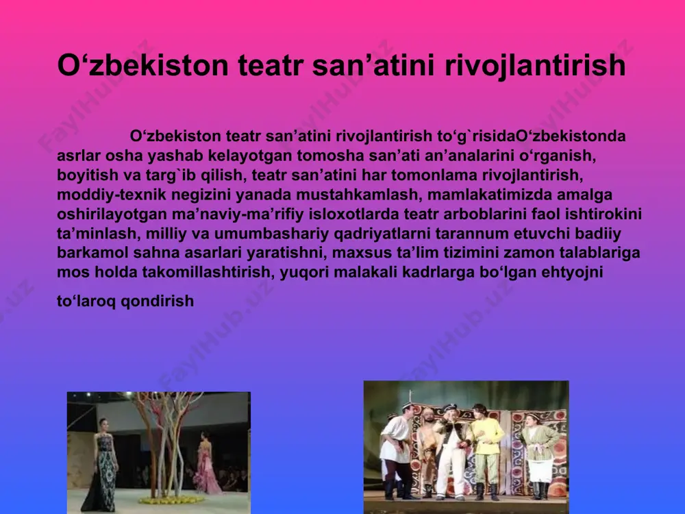 savdo markazi, respublika birja markazi, banklararo moliyaviy xizmatlar markaz,o’zbekiston davlat konservatoriyasi va boshqa binolarni kiritish mumkin. mustaqillik yillarida haykaltaroshlik san’ati jadal o’sdi. haykaltarosh i.jabborov va k. jabbarovlar tomonidan toshkentda amir temurning otliq haykali, samamarqand va shahrisabzda amir temur hayokallari, farog`na va quvapda al- farg`oniy (1998), xorazmda jaloliddin manguberdi haykallari (1999)yaratildi. haykaltarosh r.mirboshiev ijodiga mansub “z.m.bobur” (1993, andijon), “abdulla qodiriy” (1994, toshkent), “cho’lpon” (1997, andijon), “ona” (1999, jizzax shahri) kabi bir qator haykal va yodgorliklar yaratildi. 1999 yilda termizda “alpomish” haykali va majmua- kompozistiyasi (a.rahmatullaev vaboshqalar) bunyod etildi. me’morchilik va amaliy san’at. * kino san’ati. mustaqillik yillarida kino san’ati rivoj topdi. 1996 yilda “o’zbekfilm” tassarufida 8 ta kinostudiya, 30ga yaqin mustaqil ijodiy studiyalar faoliyat yuritdi. 1996 yilda tashkil etilgan “o’zbekkino” davlat akstionerlik kompaniyasi, uning davlat tomonidan moddiy jihatdan qo’llab- quvvatlanishi kino san’atining rivojida muhim ahamiyatga ega bo’ldi. 1991-2002 yillarda 60ga yaqin badiiy filmlar yaratildi. “temir xotin”, “dallol”, “sharif va ma’ruf”, “tilla …