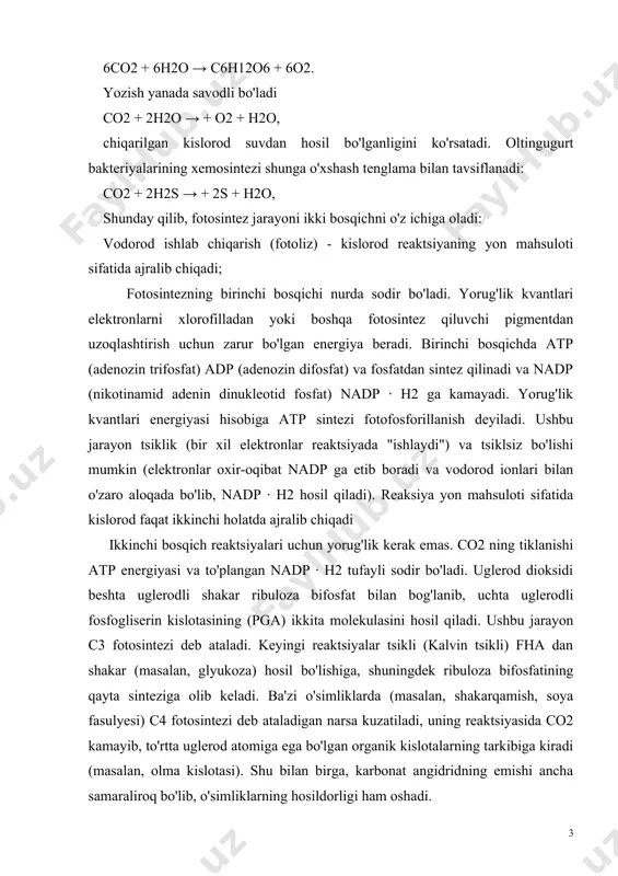 ida o’simliklarning fotosintezni ko'rib chiqish, shuningdek, tizimlardagi o'zgarishlarni fangacha bo'lgan bosqich va birinchi tasniflardan hozirgi zamon filogenetik tizimlargacha kuzatib borishdan iborat. kurs ishining maqsadi. o'simlik dunyosining fotosintez jarayonini kuzatish va bu biologik sistemani shakllanishining asosiy bosqichlarini aniqlash. hozirgi vaqtda biologiyaning turli sohalari orasida o’simliklar fiziologiyasi alohida o’rin tutadi. yangi-yangi navlar yaratishda, ularning hosildorligini oshirishda, hosil sifatini yaxshilash va saklashda mazkur fanning ahamiyati yildanyilga ortib bormoqda. ishning amaliy ahamiyati. quyidagilar kurs ishining vazifalari; -o`sish va rivojlanish jarayonini adabiyotlardan o’qib olish; -fotosintezning o`simlik hayotida tutgan o`rnini o’rganish. kurs ishining tuzilishi va hajmi. kurs ishi kirish, ikkita bob, xulosa va takliflar, foydalanilgan adabiyotlar ro`yxatilardan iborat. i bob.adabiyotlar tahlili fotosintez tabiatda sodir boʻladigan eng , muhim biologik jarayonlardan biri. fotosintezda kuyosh energiyasi organik birikmalardagi kimyoviy energiyaga aylanadi. fotosintezda hosil boʻlgan organik birikmalar barcha tirik organizmlar uchun asosiy hayot manbai hisoblanadi. fotosintezda barcha tirik organizmlarning nafas olishi uchun zarur boʻlgan kislorod atmosferaga ajralib chikadi. fotasintez …