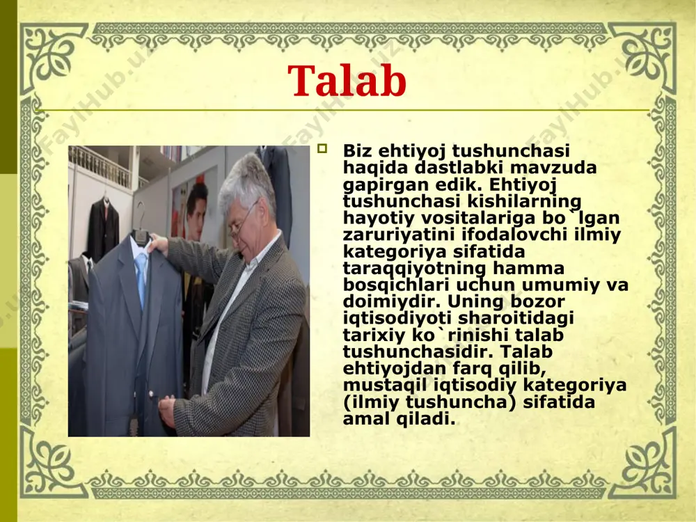 arishi o’rtasidagi teskari bog’liqlikni ko’rsatuvchi bu chiziq talab egri chizig’i deyiladi. talab qonuni mahsulot narxi va sotib olinadigan tovar miqdori o’zgarishi o’rtasida bo’ladigan teskari yoki qarama-qarshi bog’liqlik talab qonuni deyiladi. taklif tushunchasi. taklif miqdoriga ta’sir qiluvchi omillar. taklif qonuni taklif narxlarning turli darajasida qancha miqdordagi mahsulotning sotishga chiqarilishini ko’rsatadi. narxning oshishi bilan shunga mos ravishda sotishga chiqariladigan tovarlar taklifi miqdori ham ortadi, narxning tushishi bilan taklif hajmi qisqaradi. narxning o’zgarishi bilan taklif etilayotgan tovar miqdorining to’g’ri bog’liqlikdagi o’zgarishi taklif qonuni deyiladi. bozorda taklif qilinadigan tovar hajmiga narxdan tashqari bir qator omillar ta'sir qiladi. bu omillarning asosiylari quyidagilar: 1) rеsurslarning narxi; 2) ishlab chiqarish tеxnologiyasi; 3) soliq va dotatsiyalar; 4) boshqa tovarlarning narxi; 5) narx o`zgarishining kutilishi; 6) bozordagi sotuvchilar soni. taklif egri chizig’i narx darajasi va taklif miqdori o’rtasidagi to’g’ridan-to’g’ri bog’liqlikni ko’rsatuvchi ma’lumotlarni grafikda ifodalab,taklif egri chizig’ini tasvirlash mumkin bozor muvozanati biz yuqorida turli omillar ta’sirida talab va taklif miqdorining …