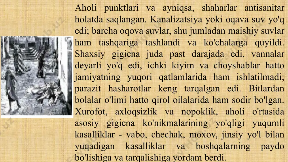holatlarida majburiy xabardor qilish to'g'risida bir qator farmonlar chiqarilgan. ("gubernator va hokimlarga buyruq", 1743). 1786 yilda dengiz shifokori a. bakheraxning harbiy gigienasi bo'yicha birinchi rus qo'llanmasi (1724 - 1806) paydo bo'ldi. bu qo'llanmada harbiy xizmatchilarning yashash sharoitlariga qo'yiladigan asosiy talablar shakllantirilgan: "... yaxshi tinchlik, yaxshi ovqat, toza va quruq havo, etarlicha kiyim, mutanosib harakat va tana quvvati uchun ishlash, tungi dam olish, mastlikdan qutulish. bunday tartib shoshilinch bo'lishi kerak. boshida tirishqoq va tinimsiz ". 1797 yilda shifokorlarga oziq -ovqat mahsulotlarining yaxshi sifati, kazarmalar holati va qo'shinlarning umumiy sanitariya holati bo'yicha tibbiy va politsiya nazorati ishonib topshirilgan. buyuk rus qo'mondoni a.v.suvorov armiyada gigienik masalalarga katta e'tibor bergan. "g'alaba ilmi" kitobida sanab o'tilgan 7 g'alaba shartidan uchtasi askarning sog'lig'i bilan bog'liq (tozalik, sog'lik, tartib). "sog'lom odamlarning sog'lig'iga rioya qilish uchun har kuni g'amxo'rlik qilish", - dedi u qo'l ostidagilarga. 1813 yilda tibbiyot doktori, tibbiyot xirurgiyasi i. enegolm tomonidan yozilgan "harbiy gigiena bo'yicha …