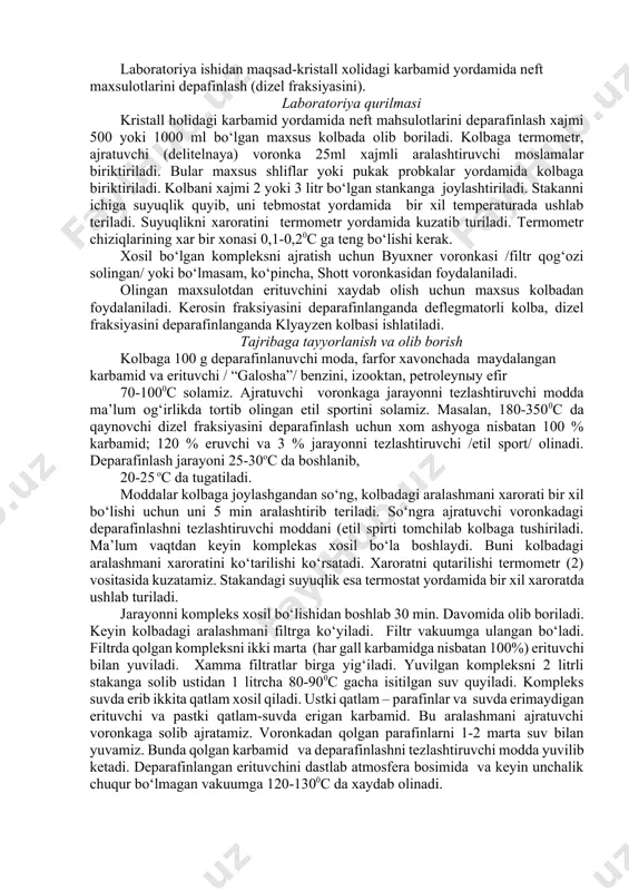 turlicha ta’sir ko‘rsatadilar. masalan, benzinni tarkibidagi tarmoqlangan zanjirli parafinlar benzinni oktan sonini ko‘tarib, uni sifatini yaxshilaydilar;to‘g‘ri zanjirli parafinlar esa oktan sonini kamaytiradilar.to‘g‘ri zanjirli parafinlar esa dizel yoqiog‘ilarini sifatini yaxshilovchi tarkibiy qismi xisoblanadi. o‘ta sovuq sharoitda ishlatiladigan dizel yoqilg‘ilarini qotish temperaturasi past bo‘lishi tavsiya etiladi. shu sababli reaktiv va dizel yoqilg‘ilarida to‘g‘ri zanjirli parafinlarni miqdori ma’lum miqdorgacha bo‘lishi tavsiya etiladi. bu miqdor shunday bo‘lishi kerakki, ko‘rsatilgan maxsulotlar qotish temperaturalari bo‘yicha gostni talabiga javob berishlari kerak. shu sababli neft maxsulotlaridan to‘g‘ri sanjirli parafinlarni qisman, ba’zan xamma miqdorini ajratib olish zarur. buning uchun karbamid qo‘llaniladi. karbamid to‘g‘ri zanjirli parafinlar bilan kristall xolda bo‘lgan kompleks xosil etadi. xosil bo‘lgan kristall kompleksi filtrlab ajratib olinadi.keyin bu kompleksni issiq suv yordamida ajratib , karbamidni parafinlardan ajratib olinadi.olingan karbamidni yana ishlatiladi. to‘g‘ri zanjirli parafinlar neft kimyosi va biologik sintez jarayonlarida xom ashyo sifatida ishlatiladi. karbamid bilan n-geksandan boshlab yuqori malekulali to‘g‘ri zanjirli parafinlar kompleksi xosil etadi. tarmog‘ida …