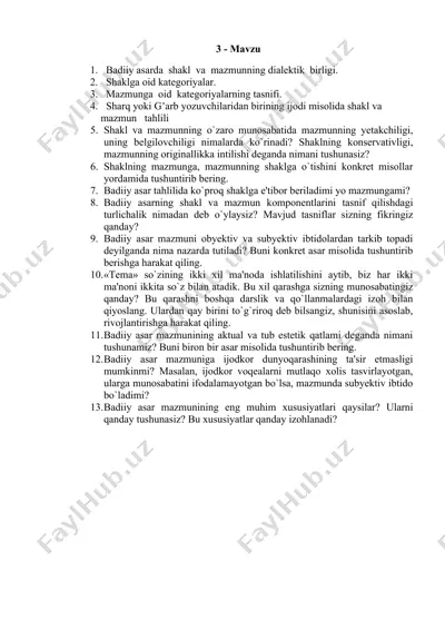 badiiy asarda shakl va mazmunning dialektik birligi — DOCX
