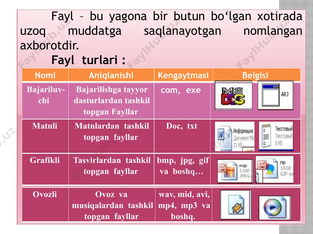 kdan nusxa olingan video tasvirlar saqlanadi. fayl va papkalarni kо‘rish va tartiblash oynada papka va bibliotekani ochib uning tasvirlanishini о‘zgartirish mumkin. masalan, fayllarni katta yoki kichik belgilar kо‘rinishida, turli tipdagi axborotlarni beruvchi xossalari bilan kо‘rish zarur bо‘ladi. bu turdagi о‘zgartirishlarni qilish uchun «представление» tugmasidan foydalaniladi. asboblar panelidan "predstavleniya» punktidagi chertish barcha variantlarni taklif etadi. rо‘yxatdagi zarur qator tanlanadi. fayllarni qidirish minglab fayllar ichidan kerakli fayllarni qidirish ham murakkab masalalardan xisoblanadi. vaqt va kuchni asrash uchun kerakli faylni qidirishda oynalarning qidirish maydonidan foydalaniladi. qidirish maydoni xar bir oynaning tepa qismida bо‘ladi. kerakli faylni qidirish uchun oynaning qidirish maydoniga faylning taqribiy belgilardan iborat nomi qiritiladi. qidiruv natijasidan keyin maydonda qо‘yilgan shartlar bо‘yicha xosil bо‘lgan fayllar ketma-ketligi paydo bо‘ladi. fayl va papkalarni yashirish yashirish kerak bо‘lgan fayl yoki papka ustida sichqonchaning о‘ng tugmasini bosing «svoystva» punktini tanlang. ochilgan darchada «skritiy» punktiga belgi qо‘ying va «ok» tugmasini bosing. natijada fayl yoki papka ekrandan yо‘qoladi. …