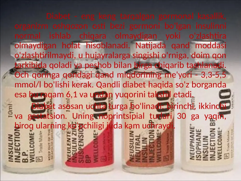 n. farqni bilib olaylik. 1-turdagi va 2-turdagi diabet - mutlaqo turli kasalliklardir. ularni bir atama bilan nomlashlariga sabab shuki, oldinlari ularni ajrata olishmagan, ularning belgilari esa o'xshash bo'lgan. bu sizni qo'rqitadi. 2-turdagi diabet bilan tanish bo'lgan qarindoshlaringiz yoki tanishlaringiz bor bo'lsa ajabmas. ularga qarab turib, ularning diabetdan aziyat chekayotganiga ishonish qiyin. ammo bu yomon - biz shunchaki diabetning real oqibatlarini sezmaymiz! hatto bemorlarning o'zi ham paydo bo'lgan asoratlarda yoshlarini, qandaydir kasalliklarini yoki o'sha ortiqcha vaznni ayblaydilar. holbuki aynan mana shu diabet - har qanday kasallikning kechishini yomonlashtiruvchi jiddiy omildir. 6 xavfni baholaymiz "ha" javobi qancha ko'p bo'lsa, 2-turdagi diabet ehtimoli shuncha ko'p. uch va undan ko'p "ha" degan javob - shifokorga borish uchun bahona bo'la oladi. 1. ortiqcha vazningiz bormi? 2. yaqin qarindoshlaringizning (aka-uka, opa-singil, ota-ona) birida 2-turdagi diabet yoki diabet oldidagi holat bormi? 3. sizda gestatsion diabet bo'lganmi yoki chaqalog'ingiz tug'ilganida 4 kg dan ortiq vaznga ega bo'lganmi? 4. …