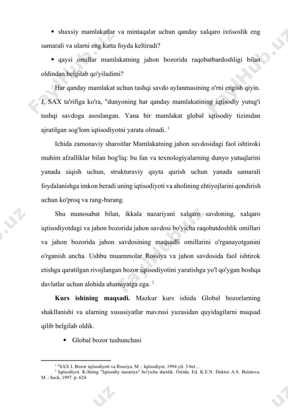 hon bozori funktsiyalari · global bozorlarning shakllanishi va ularning xususiyatla kurs ishining tuzilish. mazkur kurs ishi: kirish, 2 ta bob, 4 ta reja, xulosa va adabiyotlardan tarkib topgan. 1-bob. global bozorlarning shakillanish tendensiyalari 1.1. global bozorlarning vujudga kelishi global bozori - bu tovar ishlab chiqaruvchilar o'rtasidagi aloqa shakli turli mamlakatlar xalqaro mehnat taqsimotidan kelib chiqadi va o'zaro iqtisodiy qaramlikni ifoda etadi. quyidagi ta'rif ko'pincha adabiyotda keltirilgan: "global bozor turli mamlakatlarda xaridor, sotuvchilar va vositachilar o'rtasida sotib olish va sotish jarayoni." global bozor mahsulotlar eksporti va importini o'z ichiga oladi, bu o'rtasidagi savdo balansi deb nomlanadi. bmt statistik ma'lumotnomasi kitoblari dunyoning barcha mamlakatlarini eksport qilish xarajatlari hajmi sifatida jahon savdosi hajmi va dinamikasi to'g'risida ma'lumot beradi.[footnoteref:3] [3: alimov a., hamedov i. o‘zbekiston respublikasida tashqi iqtisodiy faoliyat asoslari. t.: o‘ajnt, 2004 491 bet] htr ning ta'siri ostida mamlakat iqtisodiyotida yuzaga keladigan tarkibiy o'zgarishlar sanoat ishlab chiqarishning ixtisosligi va hamkorligi milliy fermer xo'jaliklarining …