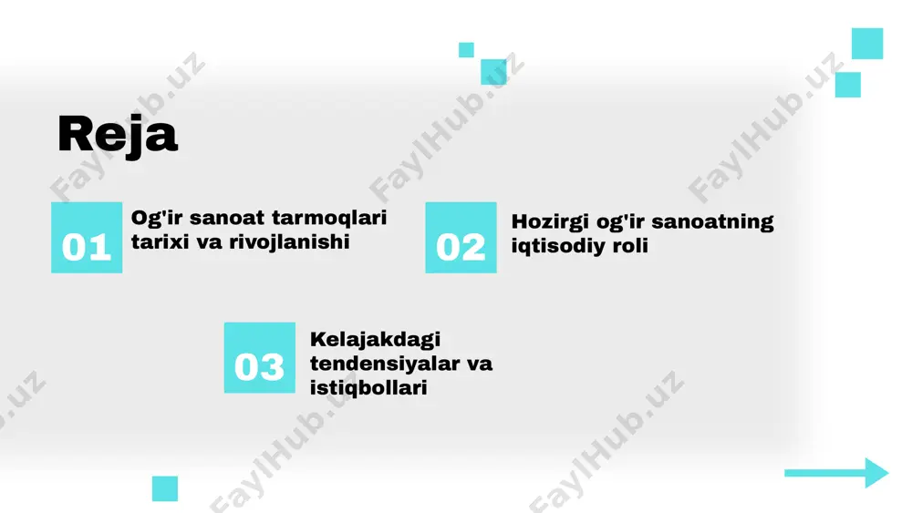 'sishda muhim rol o'ynaydi. kimyo sanoati esa kimyoviy moddalar ishlab chiqarish orqali qishloq xo'jaligi, farmatsevtika va boshqa sohalarni ta'minlaydi. texnologiya tarmog'i innovatsion yechimlar va yangi texnologiyalarni ishlab chiqishga qaratilgan, bu esa boshqa tarmoqlarning samaradorligini oshirishda muhimdir. tarmoqlar o'rtasidagi aloqalar bu tarmoqlar o'rtasida mustahkam aloqalar mavjud. masalan, metallurgiya kimyo sanoatiga xom ashyo taqdim etadi, kimyo esa texnologiya sohasida yangi materiallar va jarayonlarni ishlab chiqishda yordam beradi. ushbu o'zaro aloqalar iqtisodiy barqarorlik va sanoatning umumiy rivojlanishi uchun muhim ahamiyatga ega. og'ir sanoat va iqtisodiy o'sish og'ir sanoat tarmoqlari iqtisodiy o'sishda muhim rol o'ynaydi. ular, masalan, metallurgiya va kimyo, iqtisodiy o'sishni ta'minlaydi. 2022-yilda markaziy osiyoda og'ir sanoat o'sishi 8% bo'lib, bu mamlakatlararo savdo va ish o'rinlari yaratishga yordam beradi. og'ir sanoat rivojlanishi eksport salohiyatini oshiradi va iqtisodiy barqarorlikni ta'minlaydi. iqtisodiy ko'rsatkichlar, masalan, ish o'rinlari va yalpi ichki mahsulot (yim) o'sishi, sanoat tarmoqlari ta'siri bilan bevosita bog'liq. rivojlanishdagi muammolar og'ir sanoat tarmoqlarida rivojlanish jarayonida …