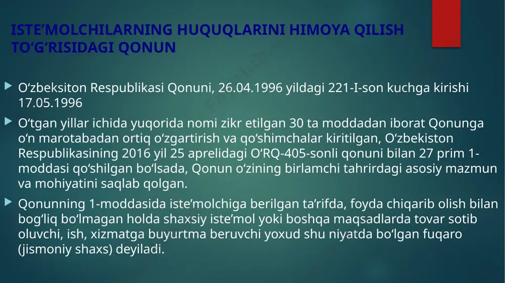 atining iste’molchiga shartnoma bo‘yicha sotish uchun mo‘ljallagan mahsuli, shu jumladan, import mahsuloti; normativ hujjatlar — standartlar, ularga tenglashtirilgan boshqa hujjatlar (shaharsozlik normalari va qoidalari, davlat farmakopeyasi hamda farmakopeya maqolalari va boshqalar), texnik shartlar, texnik tavsiflar, retseptura va tovar (ish, xizmat) sifatiga va xavfsizligiga nisbatan belgilangan talablarni o‘z ichiga oluvchi boshqa hujjatlar; tovar (ish, xizmat)ning xavfsizligi — tovarni iste’mol qilish, undan foydalanish, uni saqlash, tashish yoki utilizatsiya qilishning, shuningdek, ish yoki xizmat natijalaridan foydalanishning odatdagi sharoitlarida iste’molchining hayoti, sog‘lig‘i yoki mol-mulkiga va atrof-muhitga zarar yetkazilishi ehtimoli bilan bog‘liq xavf xatarning yo‘qligi; muvofiqlik sertifikati — sertifikatlangan mahsulotning belgilangan talablarga muvofiqligini tasdiqlovchi hujjat; tovar (ish, xizmat)ning nuqsoni — tovar (ish, xizmat)ning normativ hujjatlarning majburiy talablariga, shartnoma shartlariga yoxud tovar (ish, xizmat)ning sifatiga odatda qo‘yiladigan talablarga nomuvofiqligi; tovar (ish, xizmat)ning jiddiy nuqsoni — tovar (ish, xizmat)dan belgilangan maqsadda foydalanib bo‘lmaydigan qilib qo‘yadigan yoxud bartaraf etish uchun ko‘p mehnat va vaqt sarflash talab qiladigan kamchilik; …